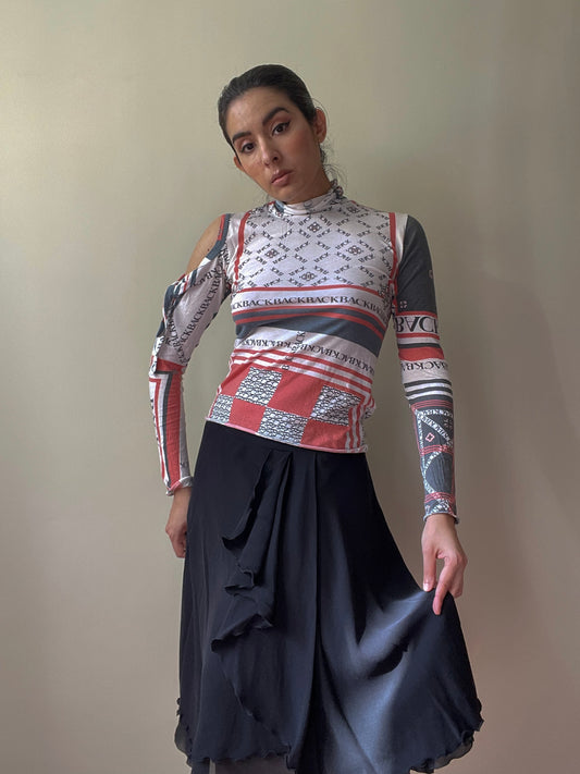 Vintage Designer Armani Midi Black Silk Ruffle Trim Skirt