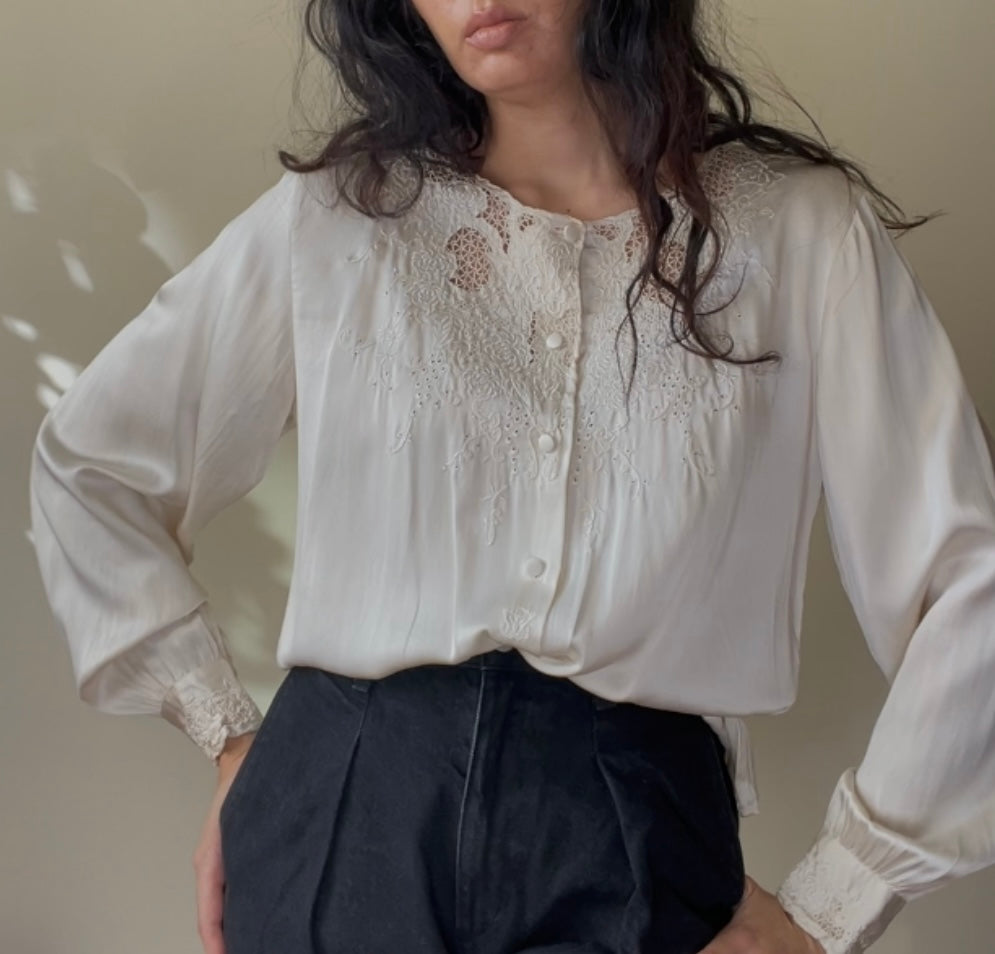 Vintage Cream Satin Silk Embroidered Collarless Top