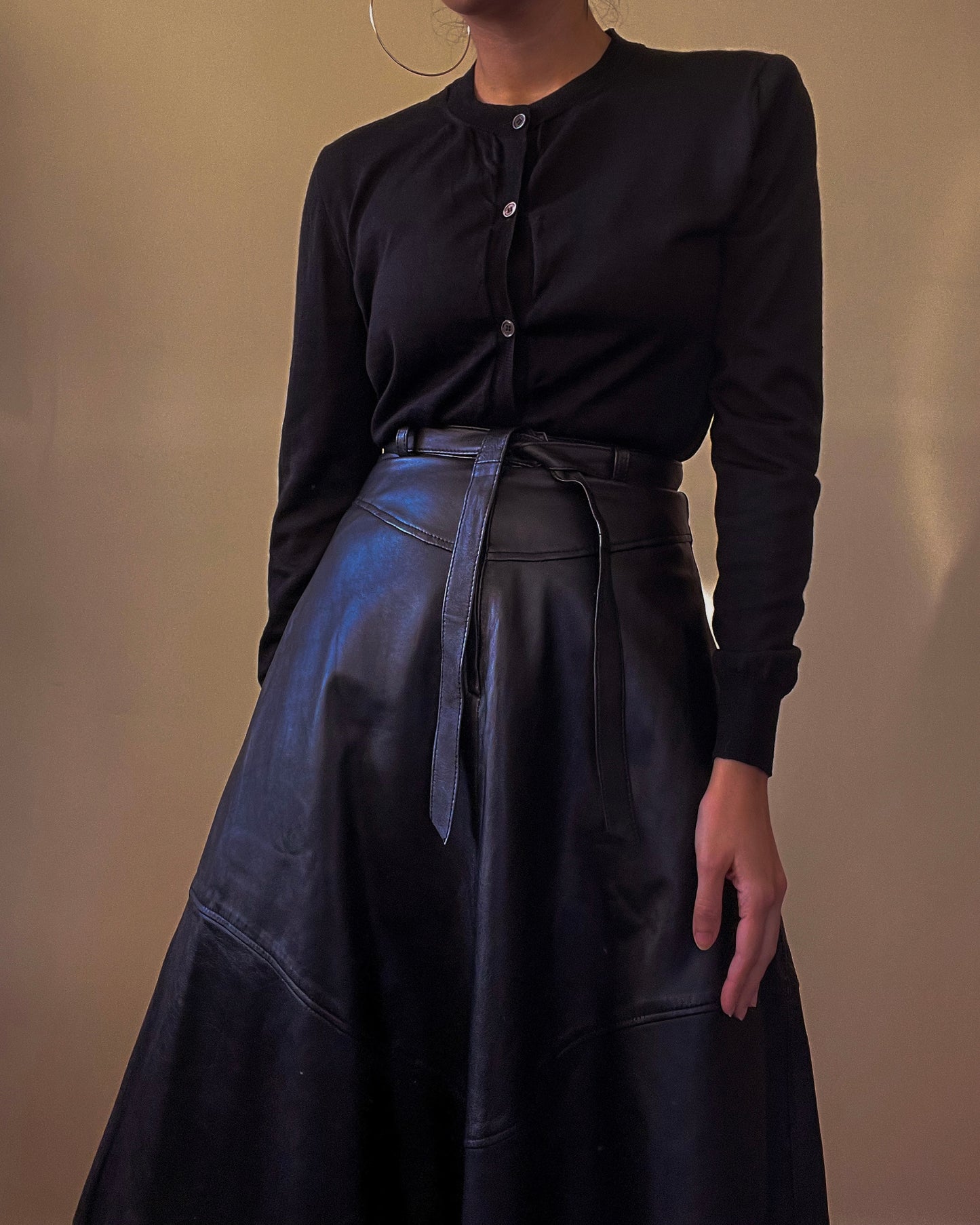 Vintage Black Leather Belted Skirt