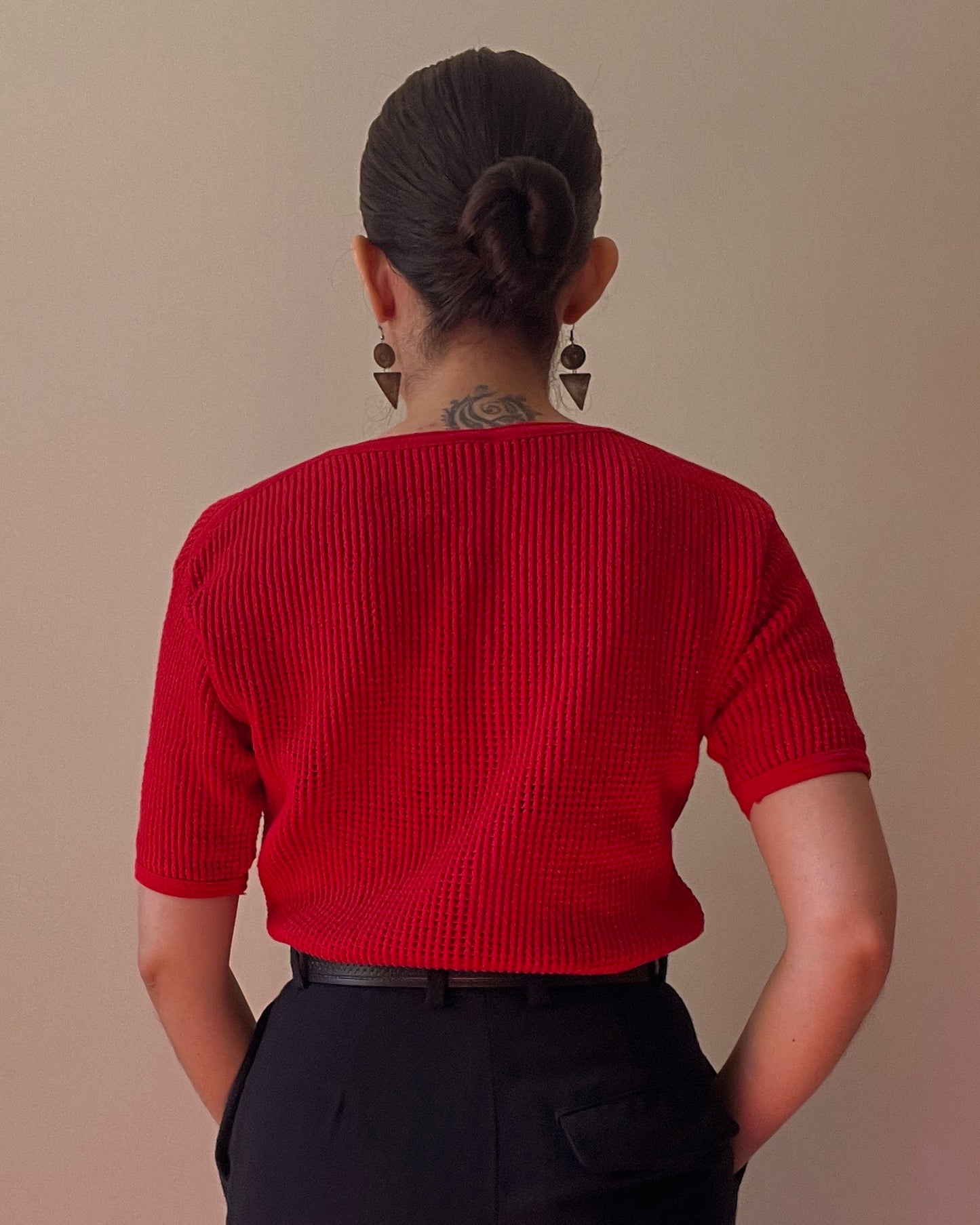 Vintage French Mesh Red Knit Cotton Top