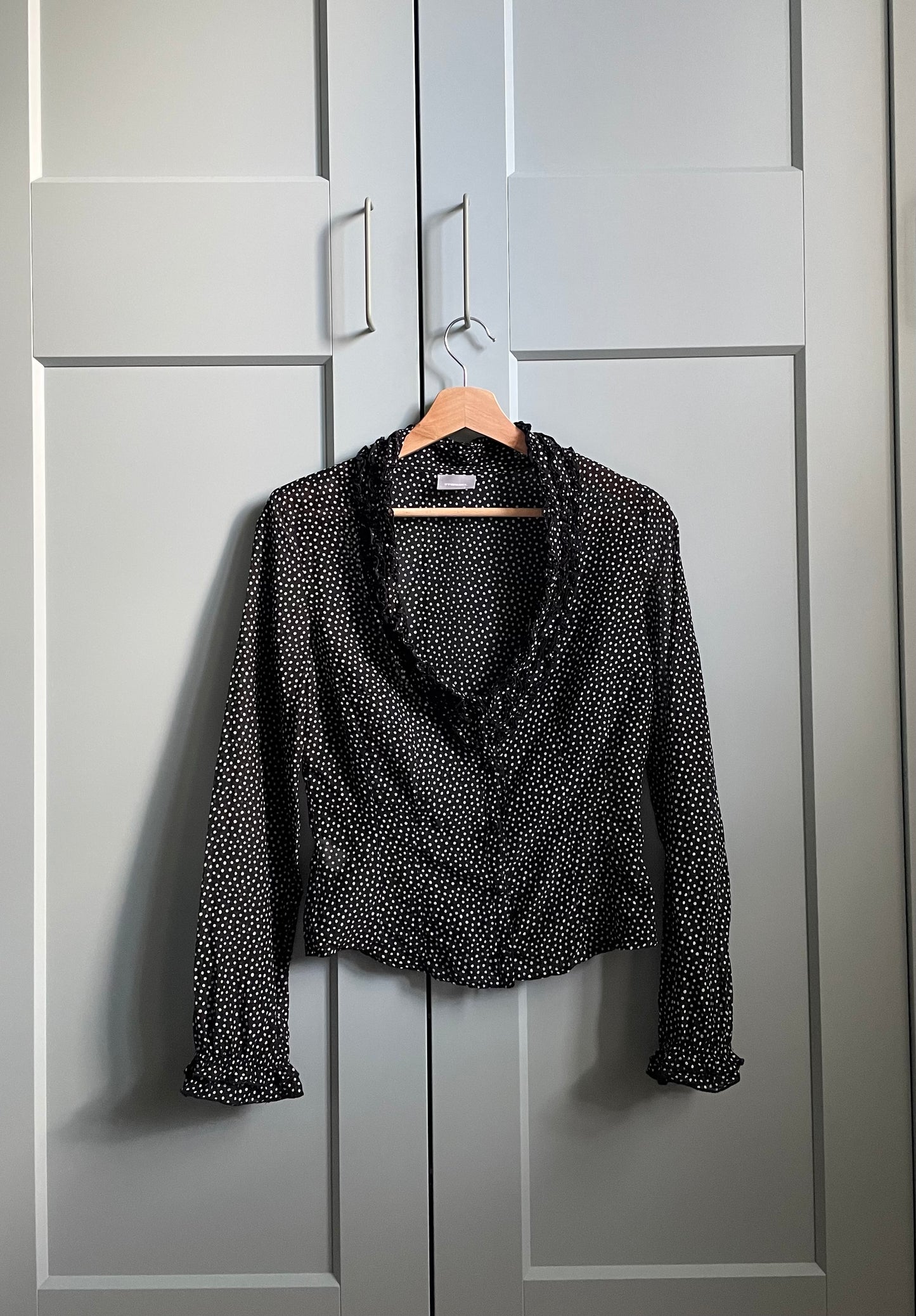 Vintage Designer Stefanel Silk Black Flamenco Dot Print Ruffle Top