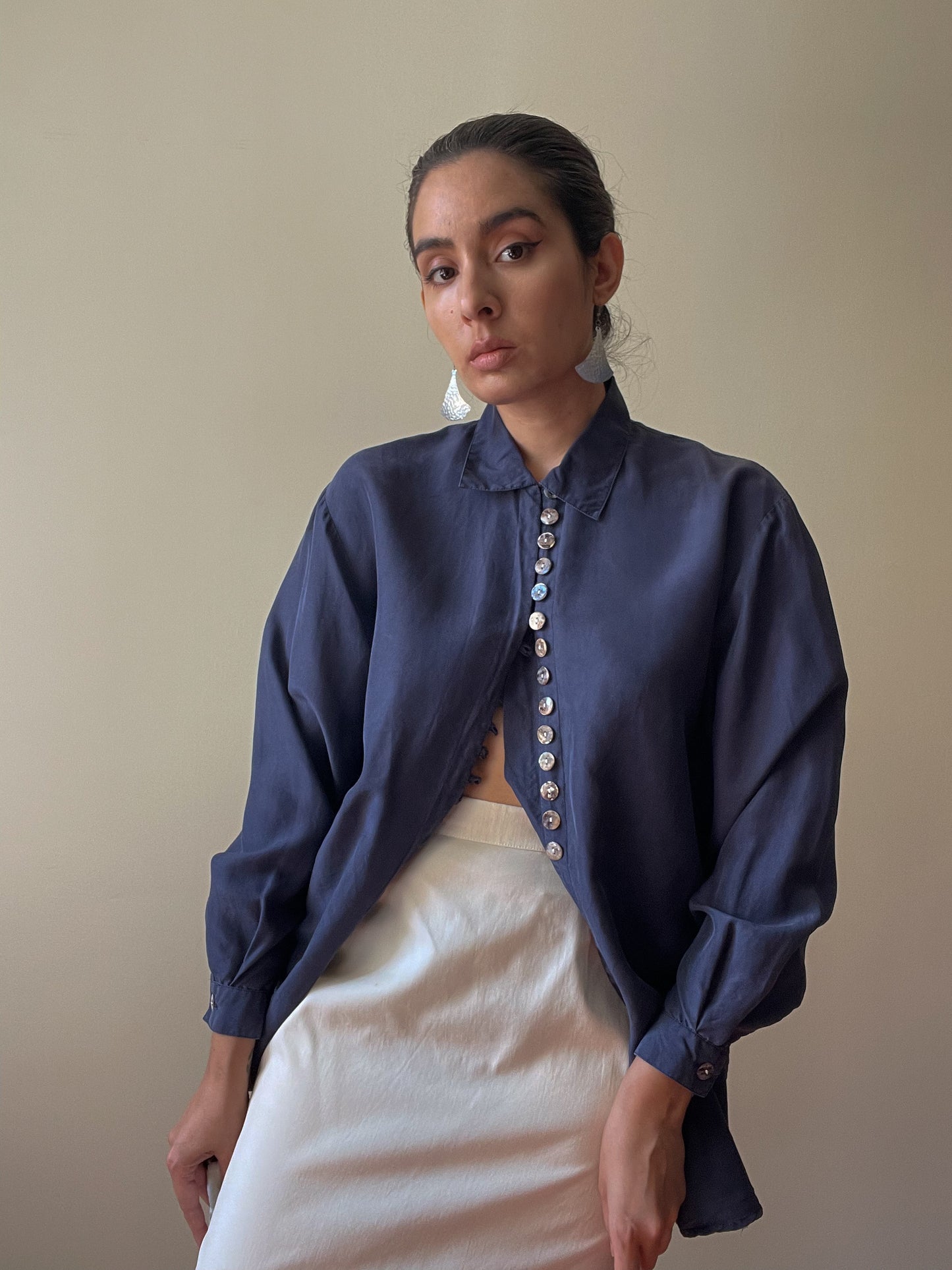Vintage Navy Silk Blouse With Texturized Buttons