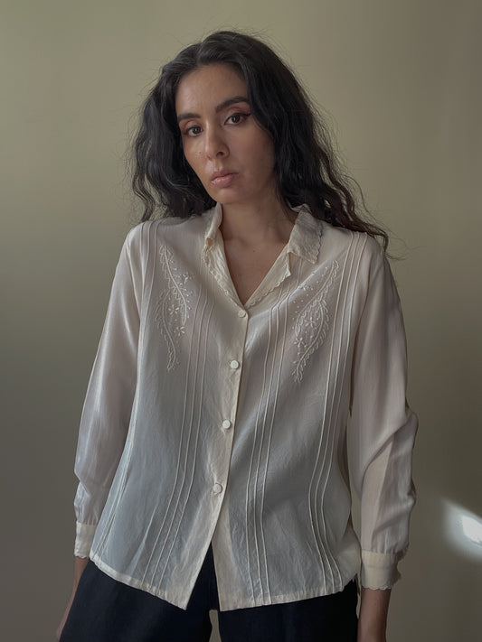 Vintage Cream Embroidered Silk Top