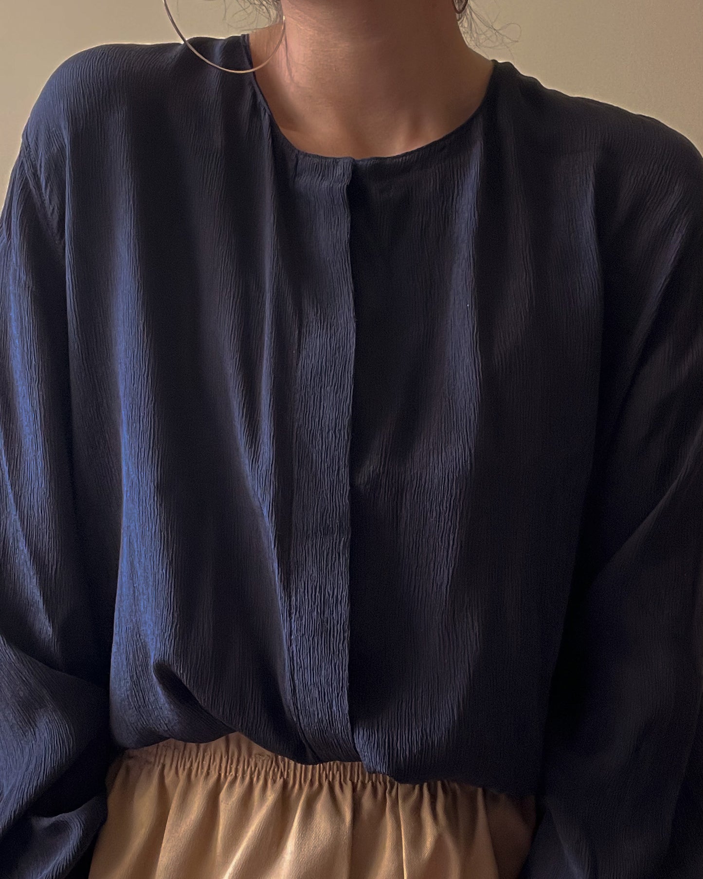 Vintage Designer Giorgio Armani Crinkle Silk Blouse w/ Cufflink Sleeves