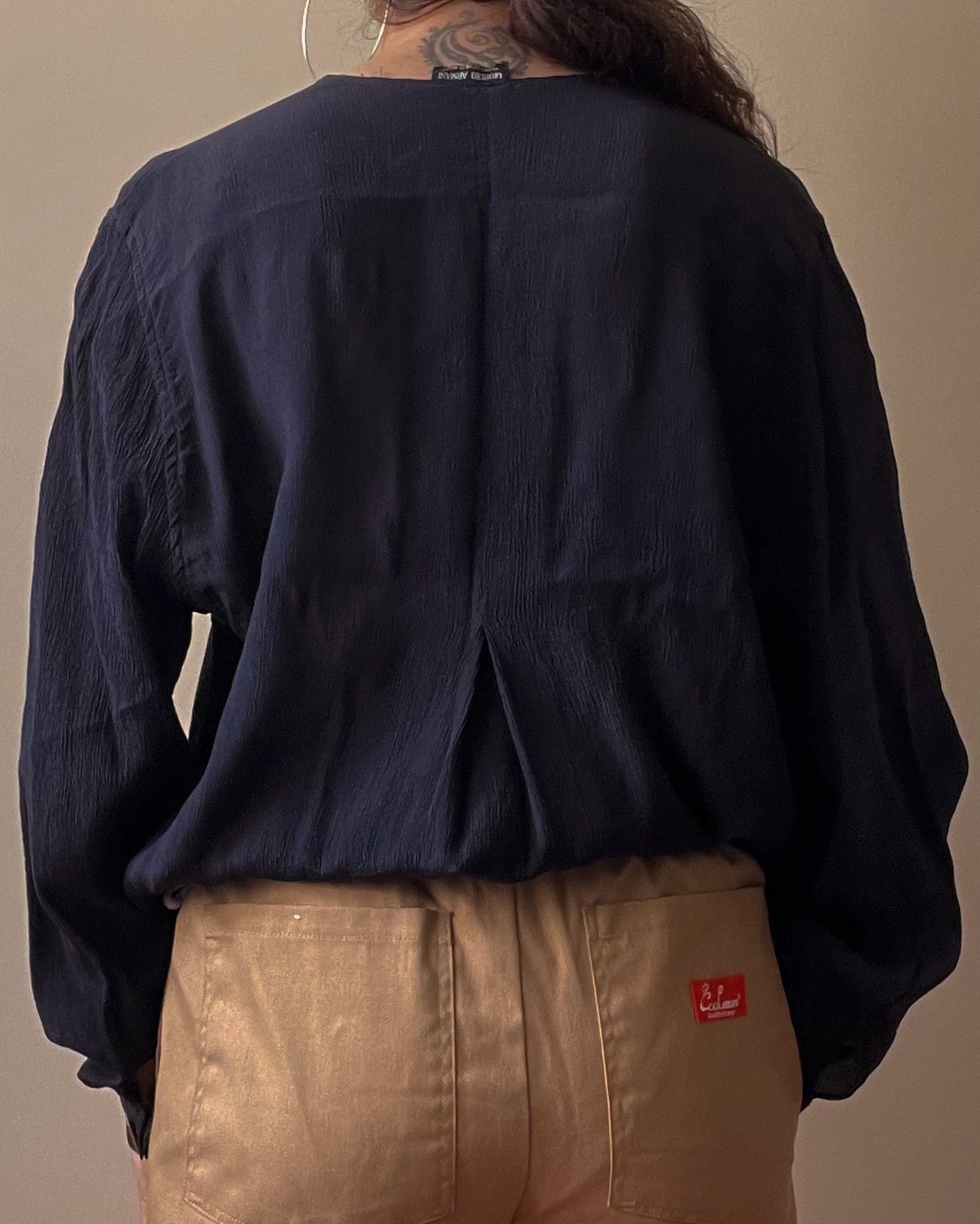 Vintage Designer Giorgio Armani Crinkle Silk Blouse w/ Cufflink Sleeves