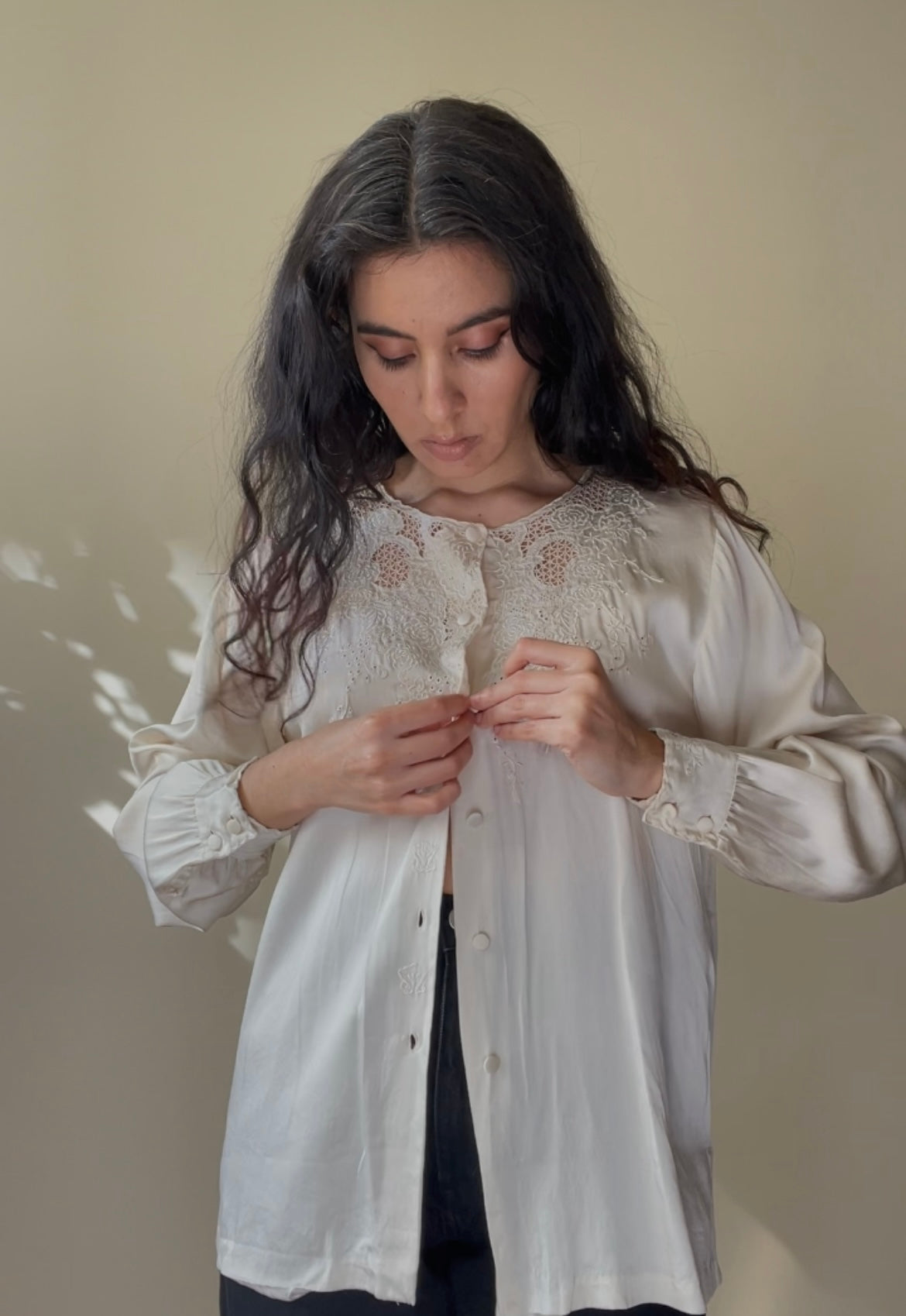 Vintage Cream Satin Silk Embroidered Collarless Top