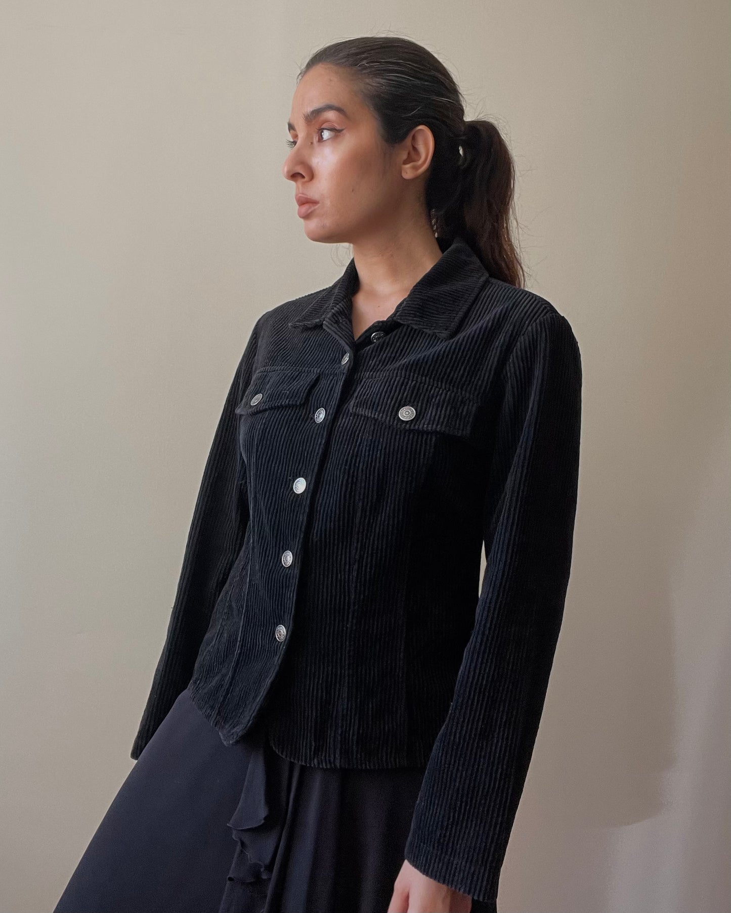 Vintage Black Cotton Corduroy Boxy Jacket