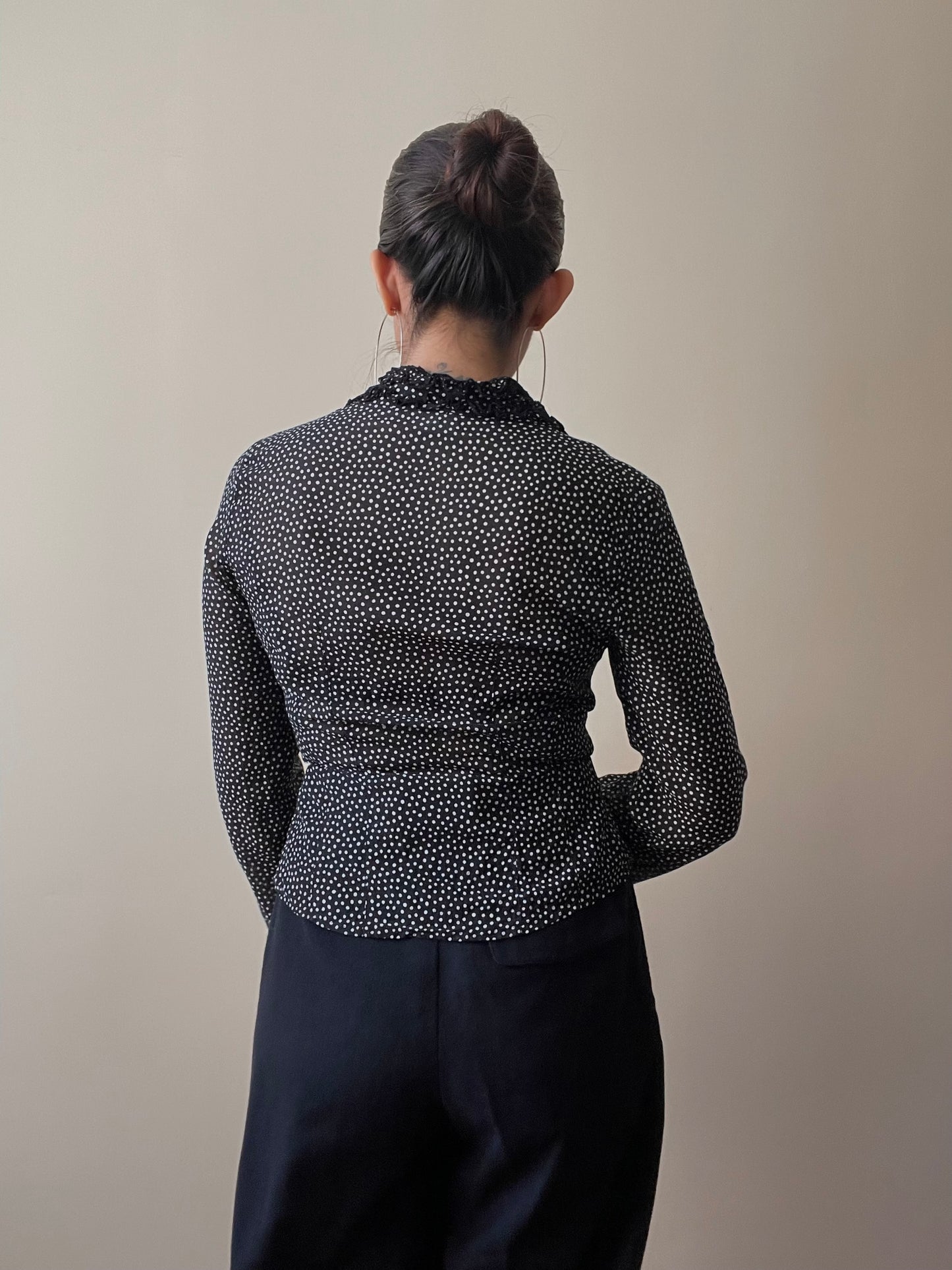 Vintage Designer Stefanel Silk Black Flamenco Dot Print Ruffle Top