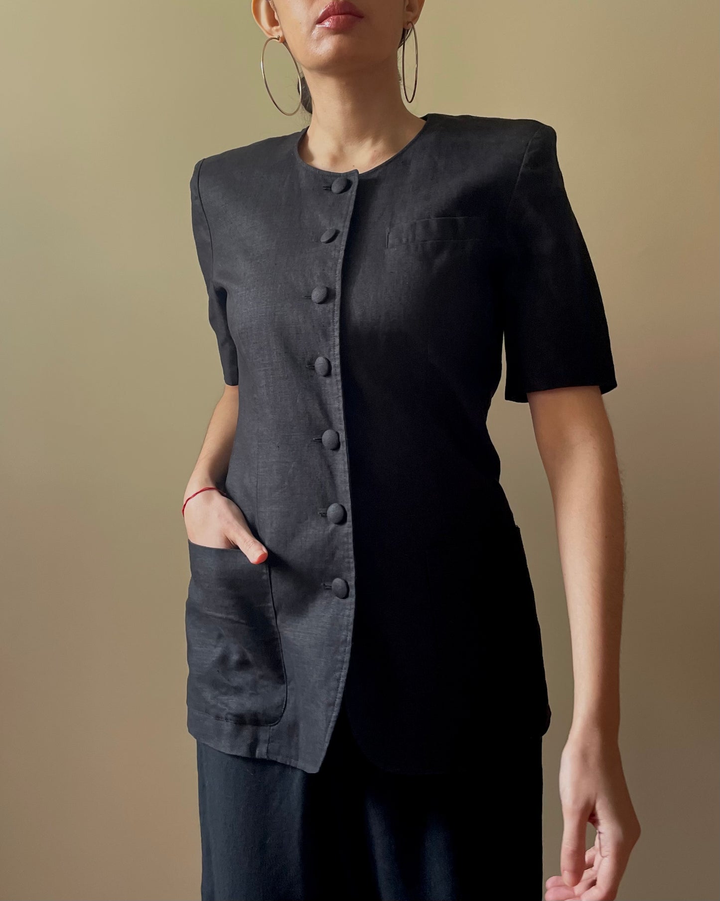 Vintage Designer Cacharel 90s Black Boxy Linen Top