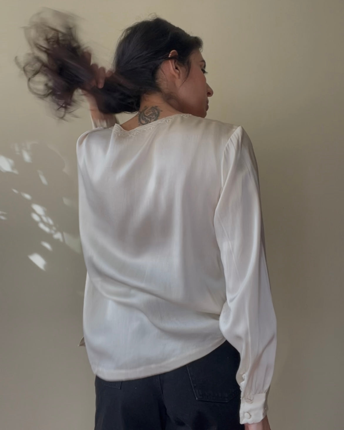 Vintage Cream Satin Silk Embroidered Collarless Top