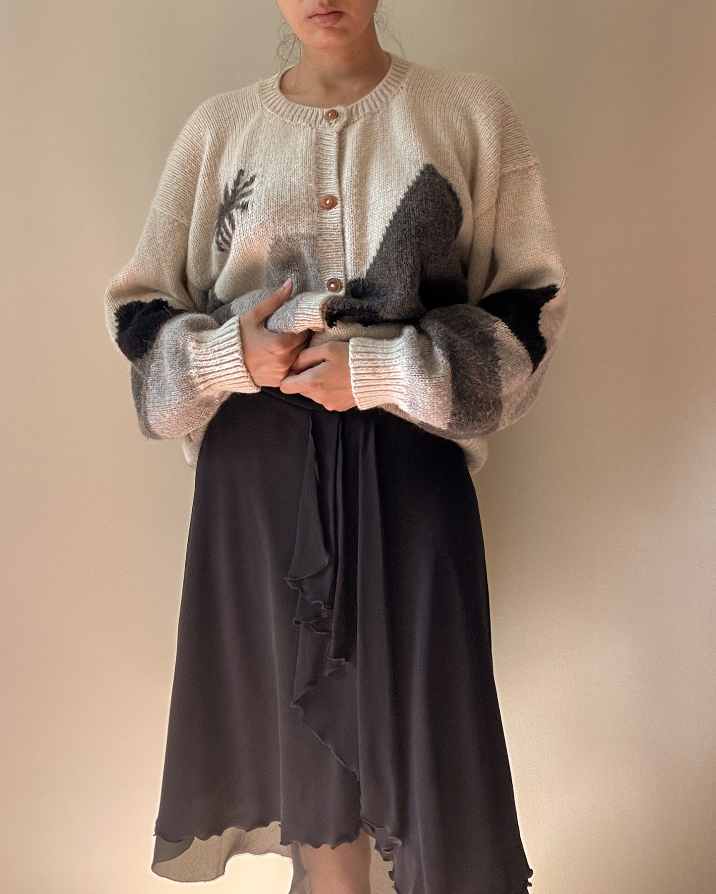 Vintage Designer Armani Midi Black Silk Ruffle Trim Skirt
