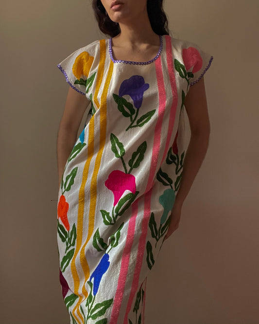 Vintage Mexican Colorful Embroidered Floral Dress