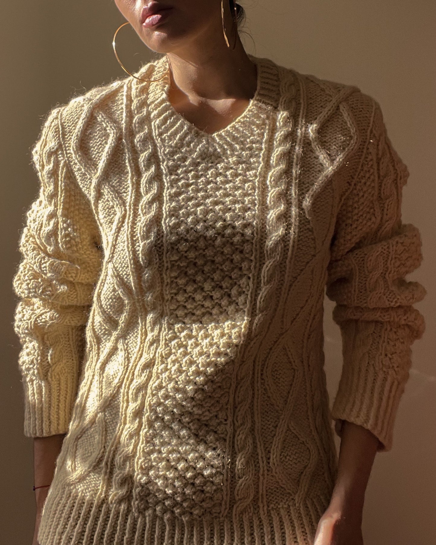 Vintage Knit Fisherman Wool Sweater in Cream Color