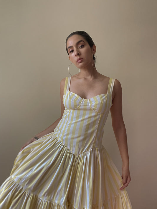 Vintage Butter Yellow Stripe Midsummer Cotton Dress