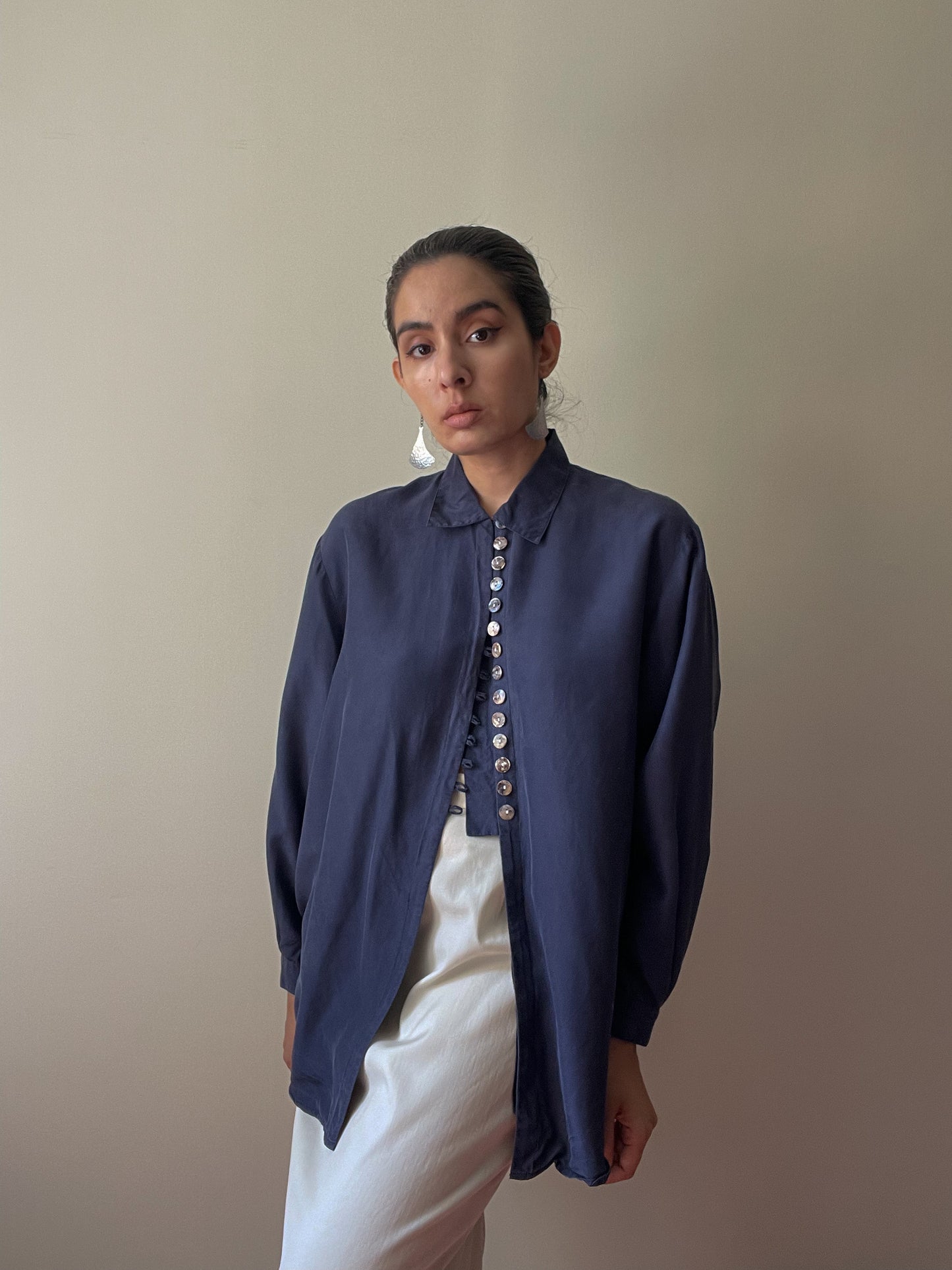 Vintage Navy Silk Blouse With Texturized Buttons
