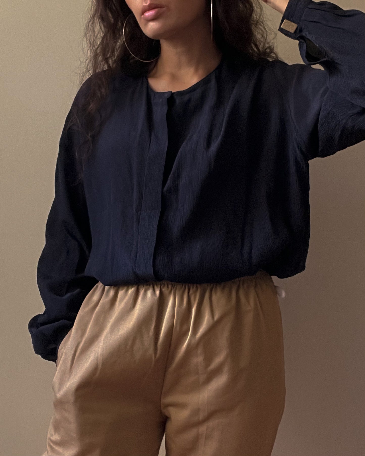 Vintage Designer Giorgio Armani Crinkle Silk Blouse w/ Cufflink Sleeves