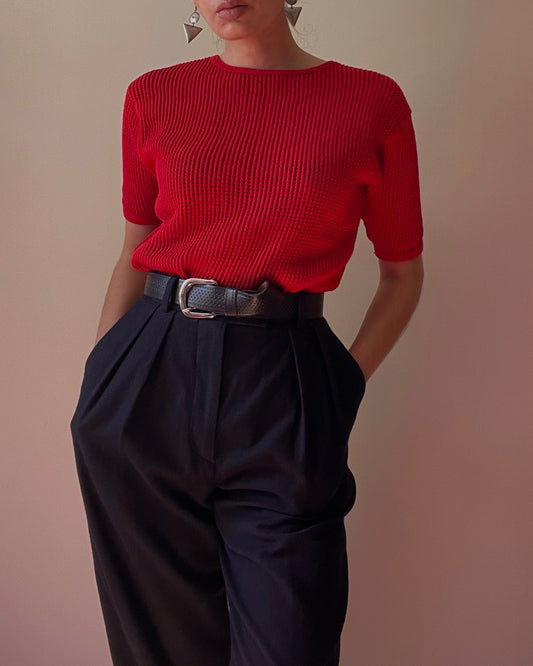 Vintage French Mesh Red Knit Cotton Top
