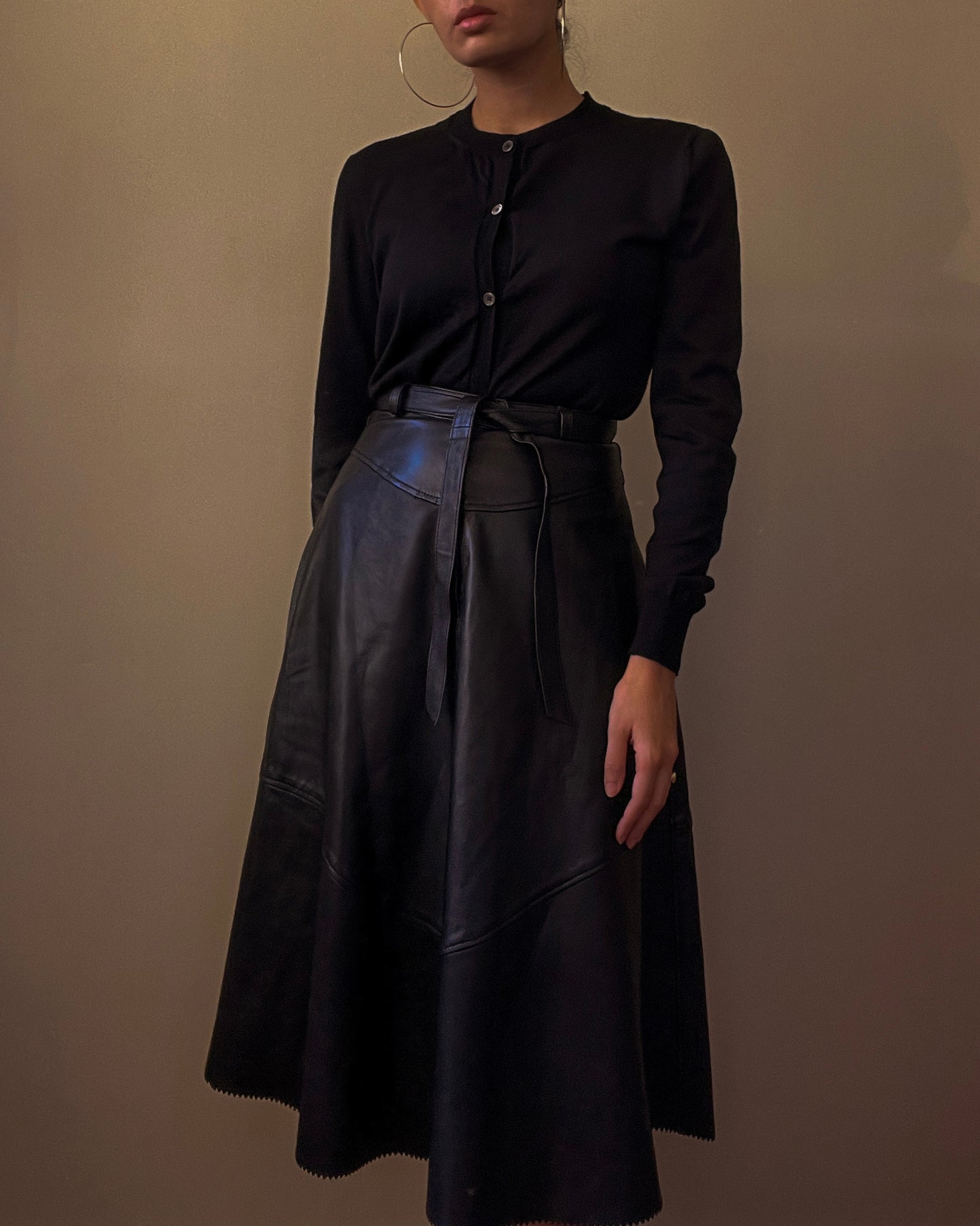 Vintage Black Leather Belted Skirt