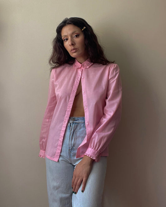 Vintage Pink Cotton Embroidered Cufflink Shirt