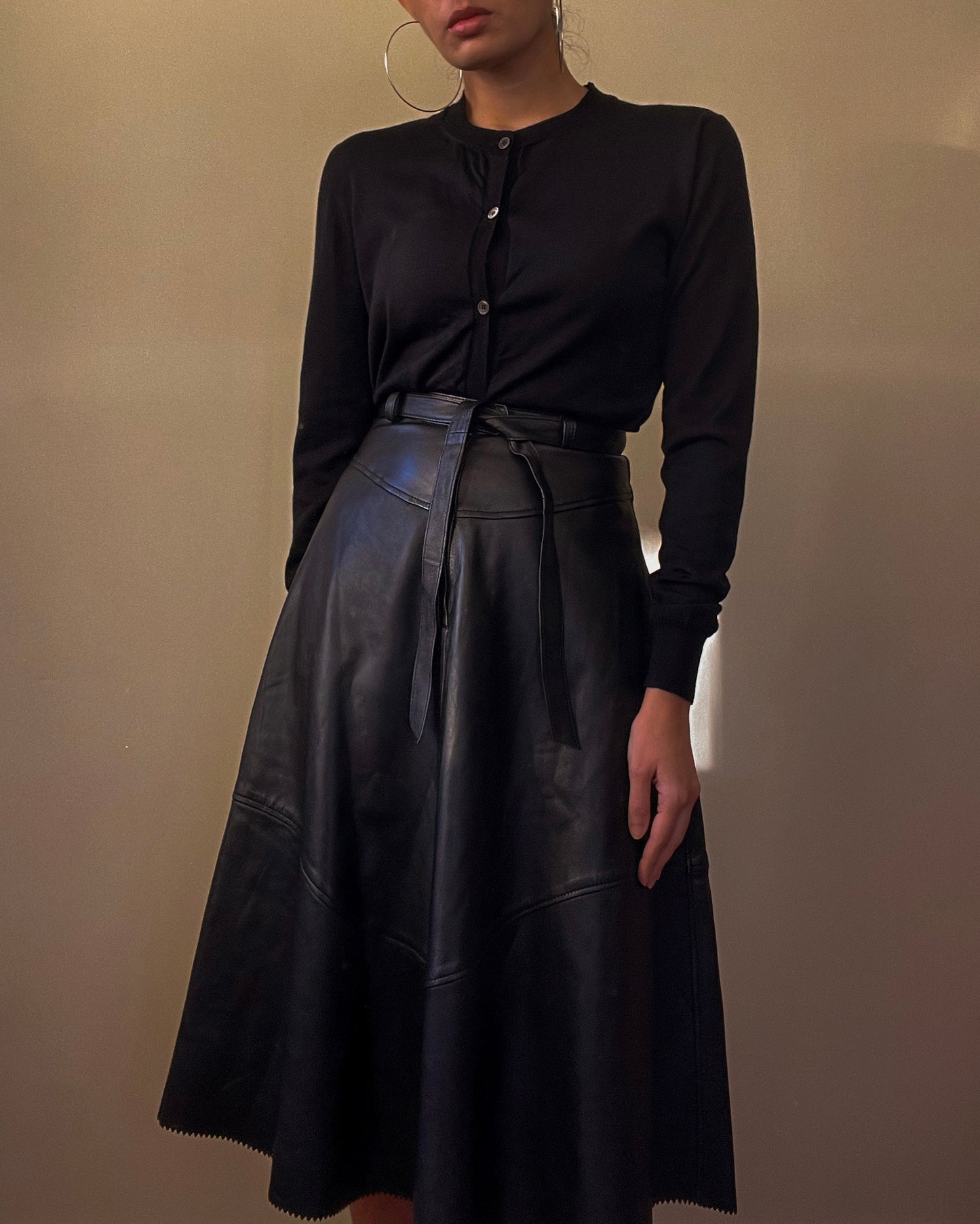 Vintage Black Leather Belted Skirt