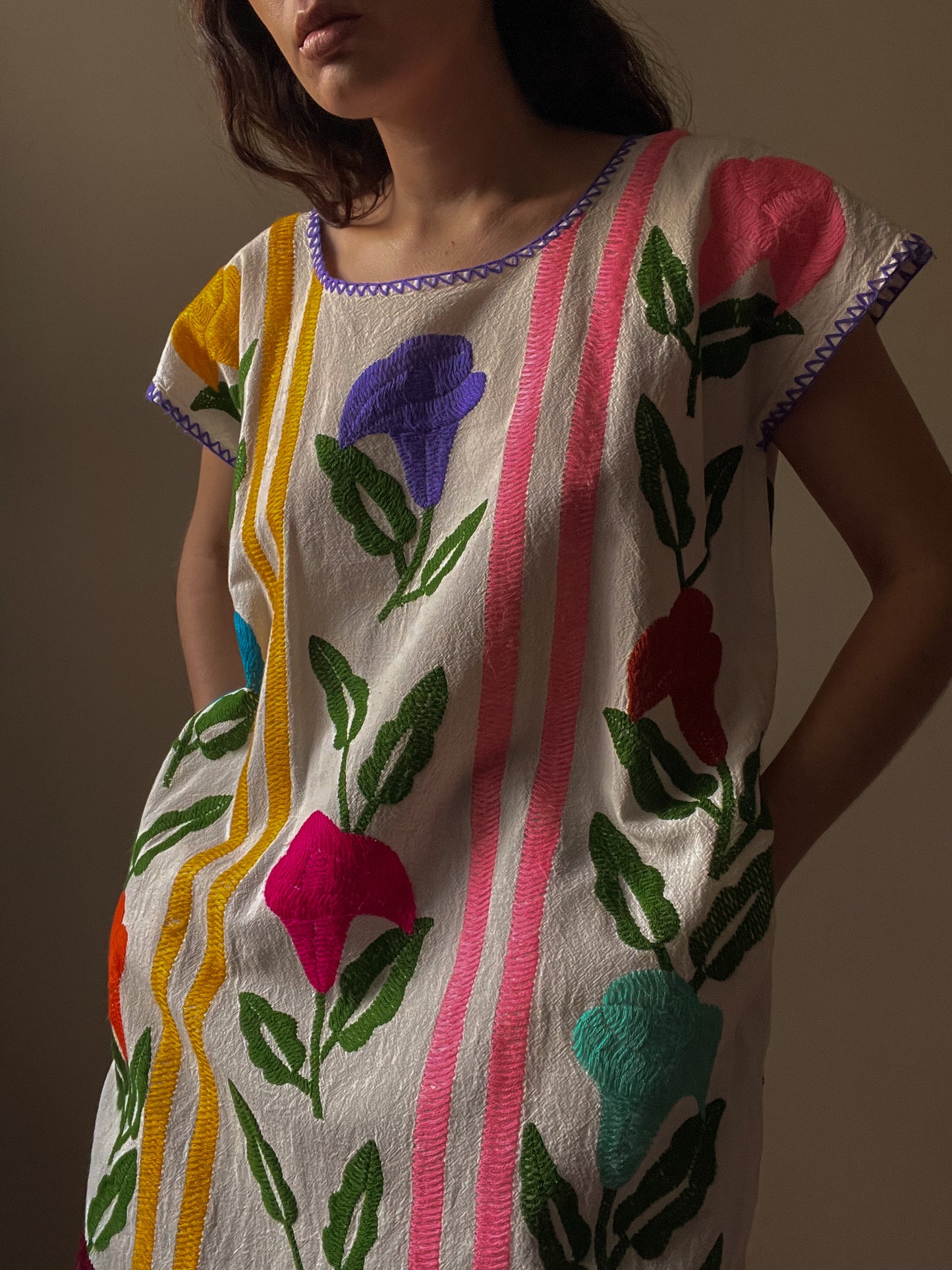 Vintage Mexican Colorful Embroidered Floral Dress