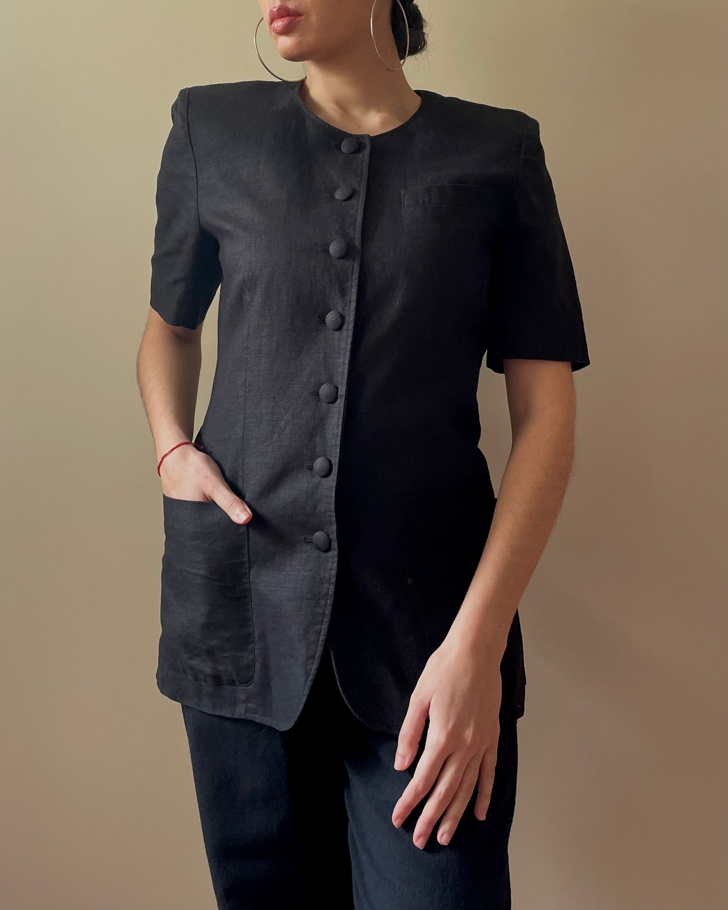 Vintage Designer Cacharel 90s Black Boxy Linen Top