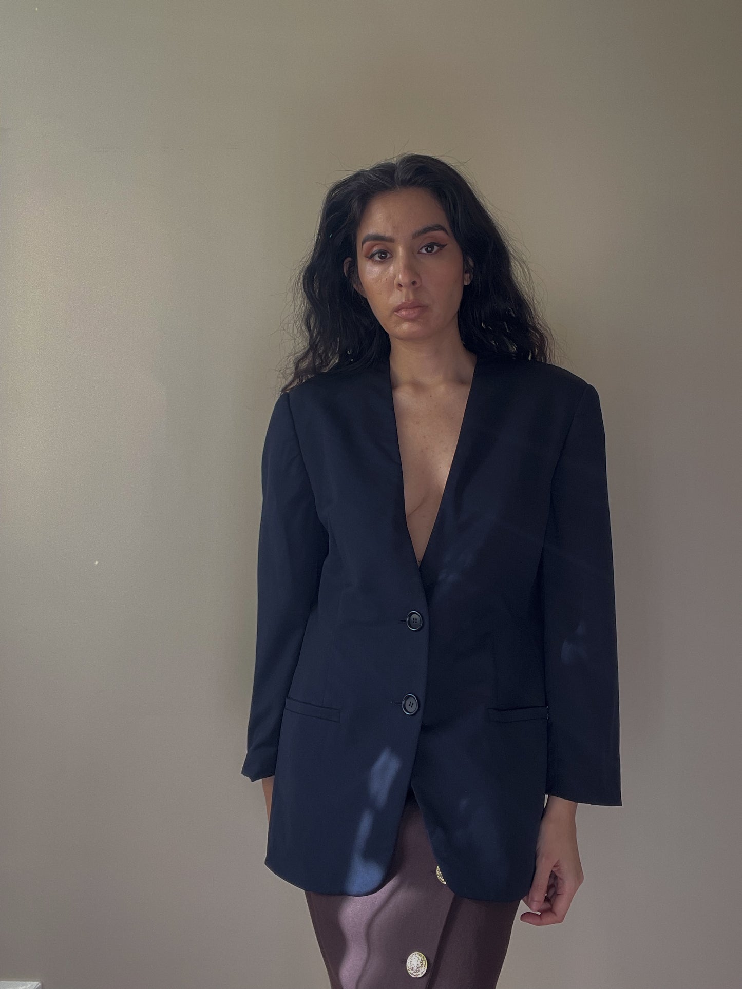Vintage Designer Les Copains Collarless Feminine Navy Blazer