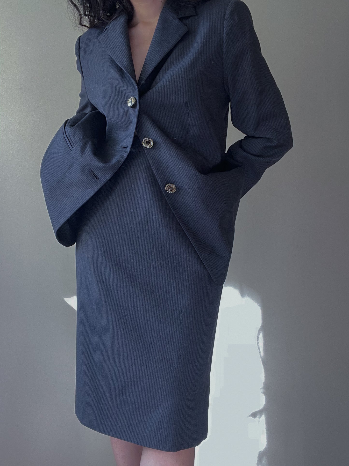 Vintage Designer Gianfranco Ferré Studio Navy Wool Stripe Skirt Suit