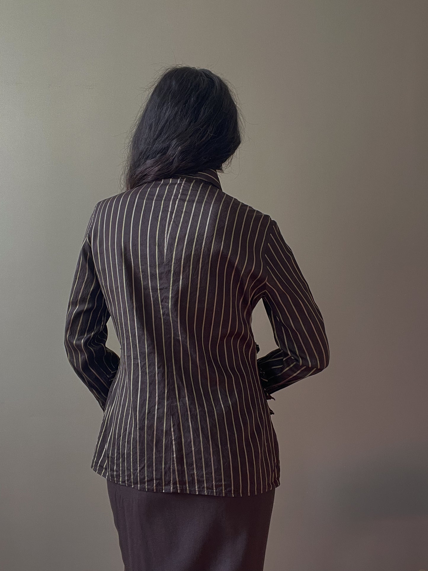 Vintage Designer Class By Roberto Cavalli Brown Stripe Ruffle Top