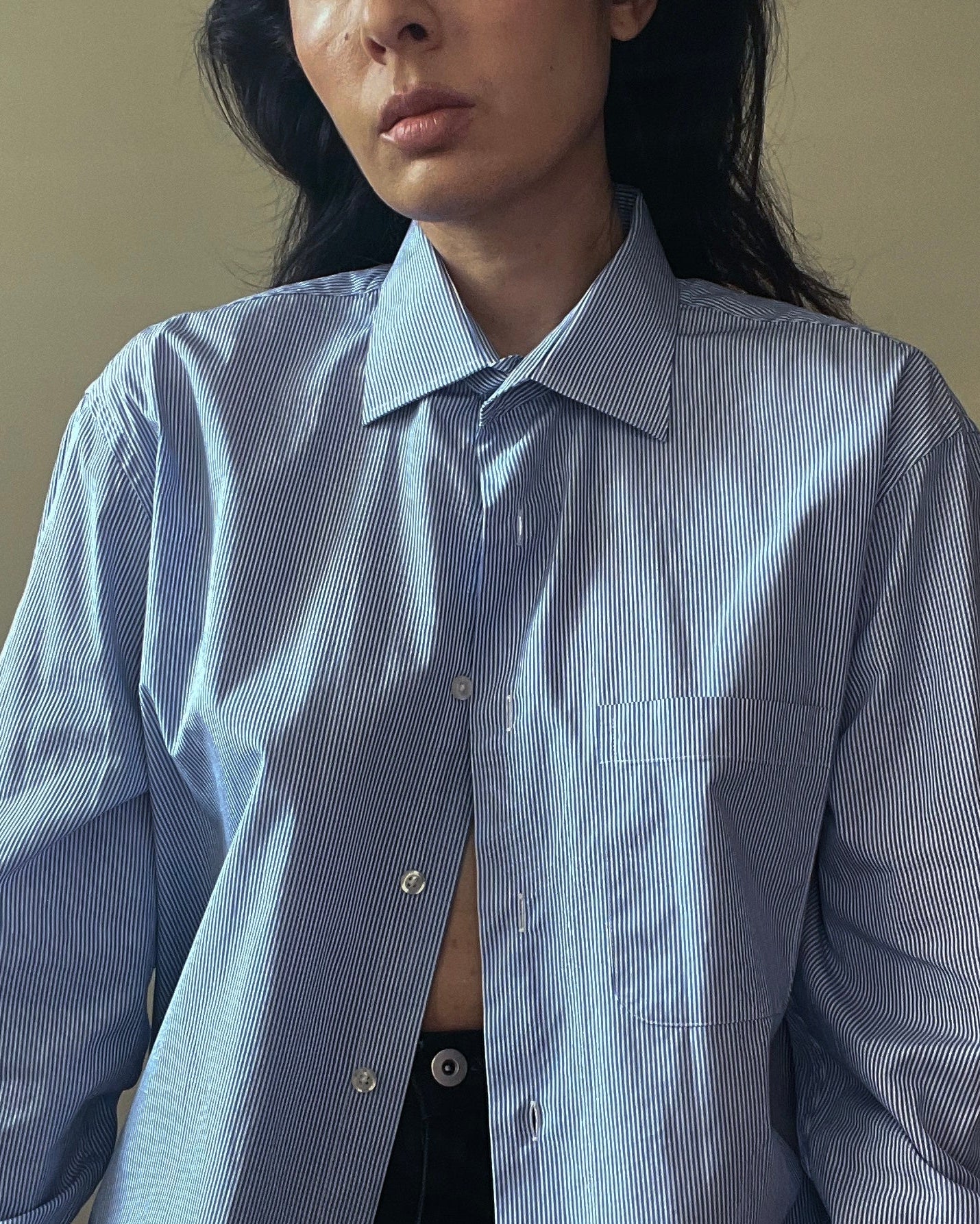 Vintage Brand Barneys New York Blue Cotton Raw Crop Hem Shirt
