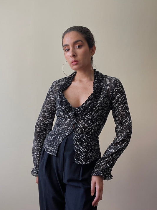 Vintage Designer Stefanel Silk Black Flamenco Dot Print Ruffle Top