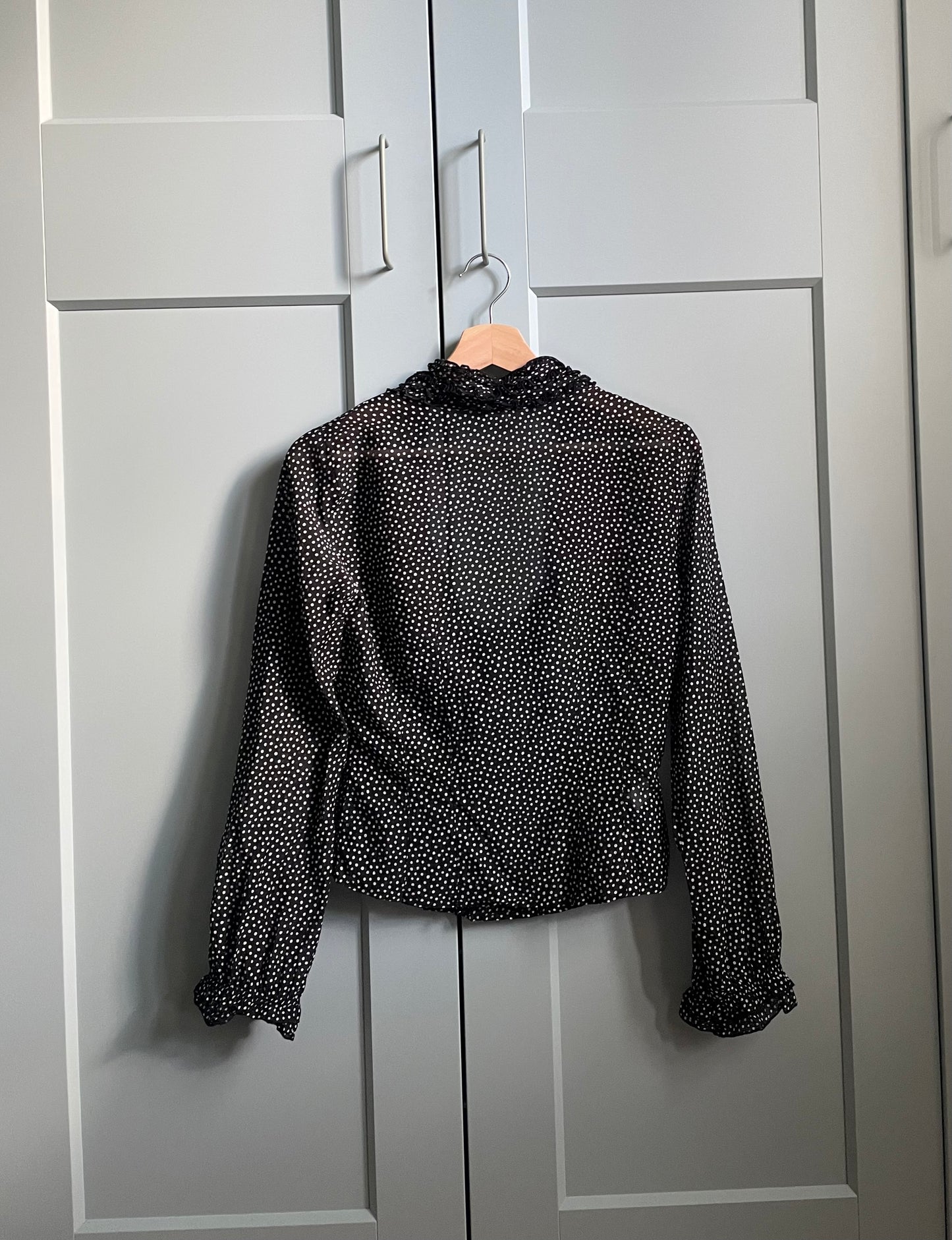 Vintage Designer Stefanel Silk Black Flamenco Dot Print Ruffle Top
