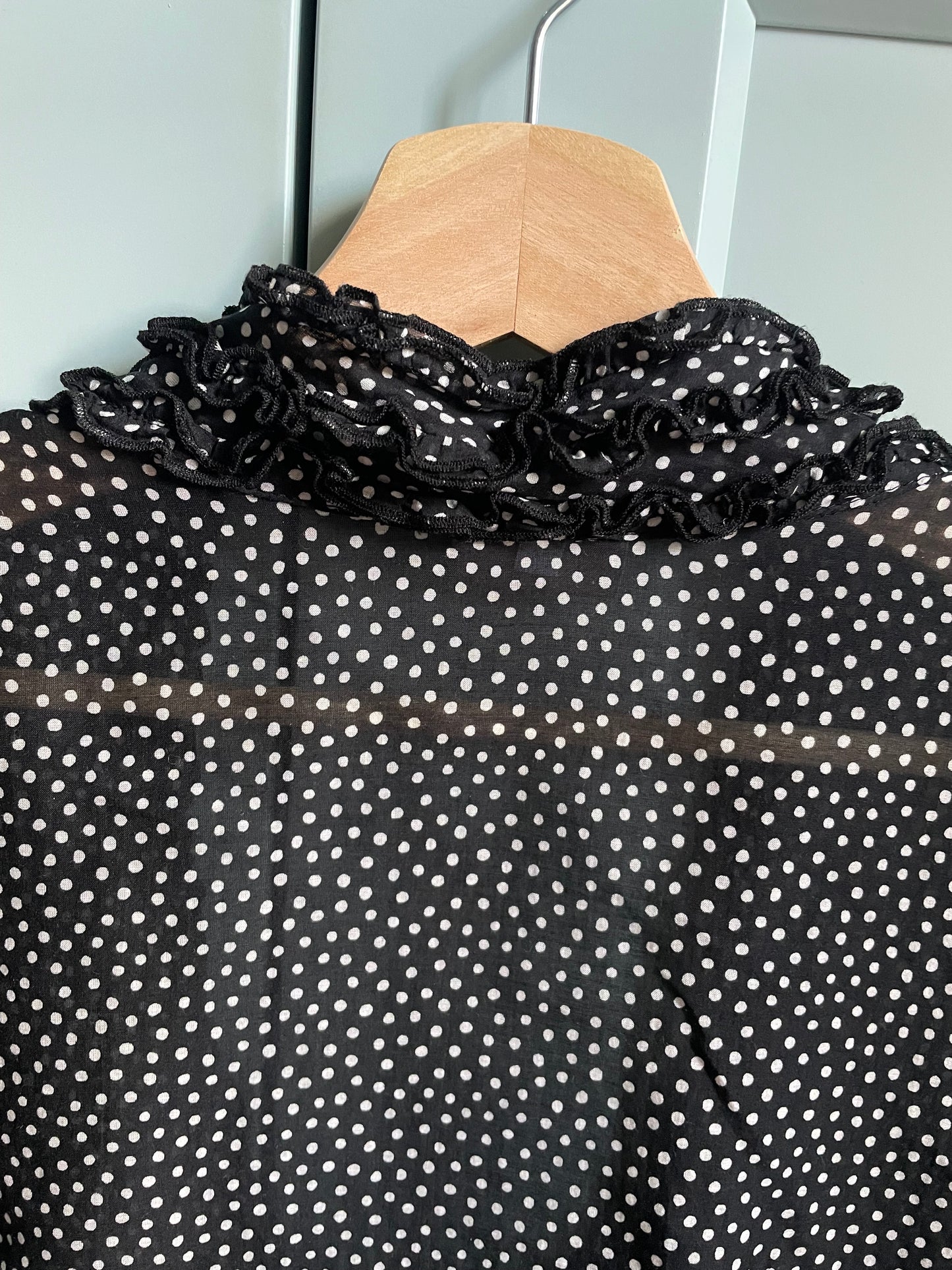 Vintage Designer Stefanel Silk Black Flamenco Dot Print Ruffle Top