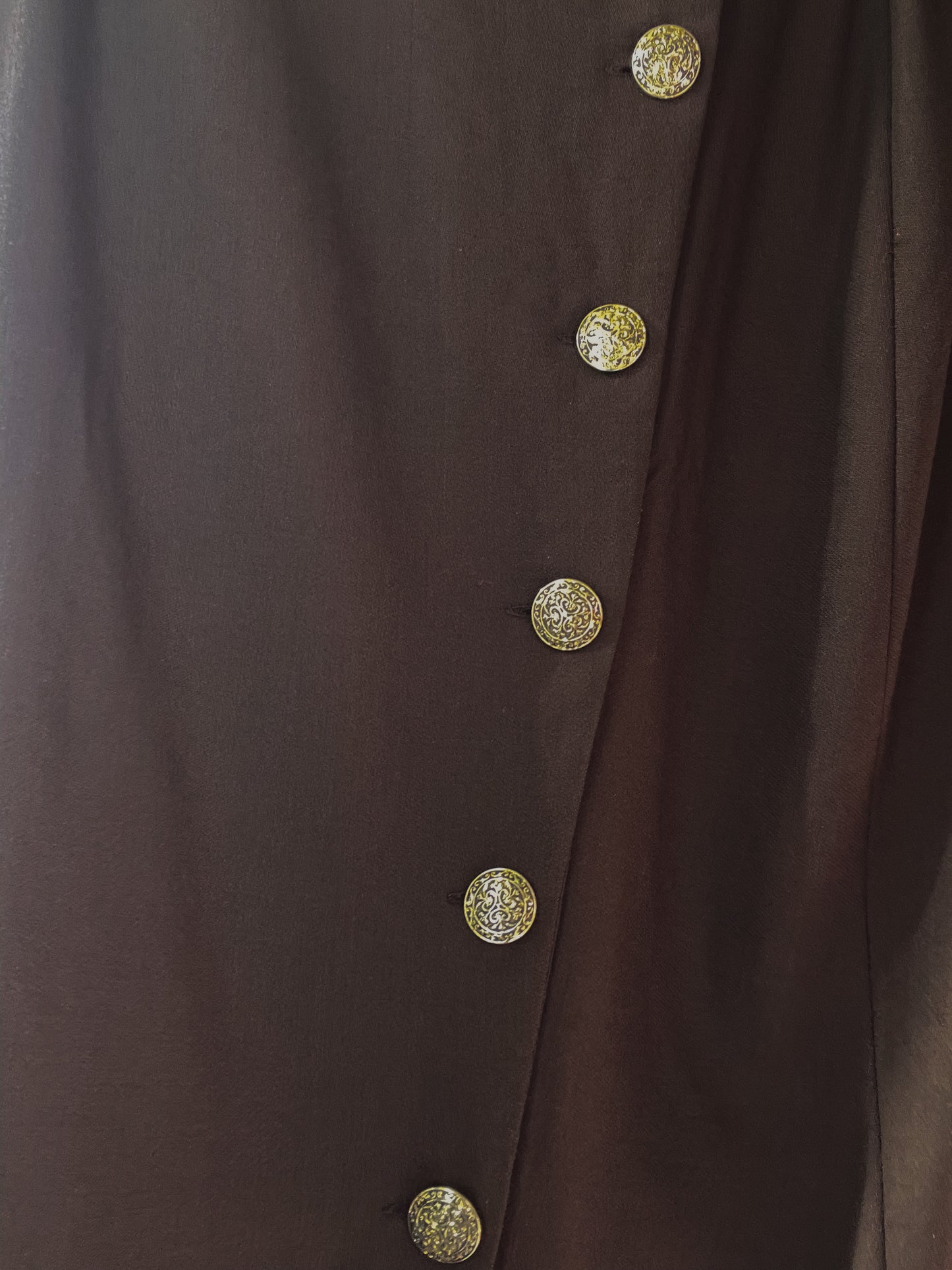 Vintage Chocolate Wool Pencil Skirt With Gold Metal Buttons