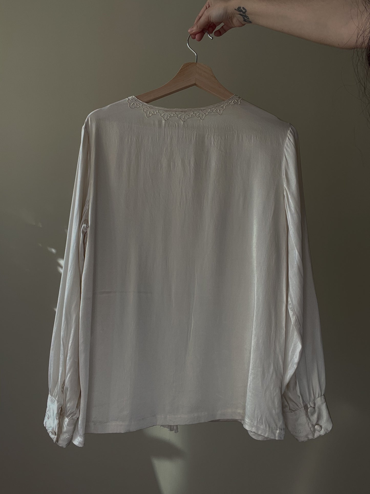 Vintage Cream Satin Silk Embroidered Collarless Top