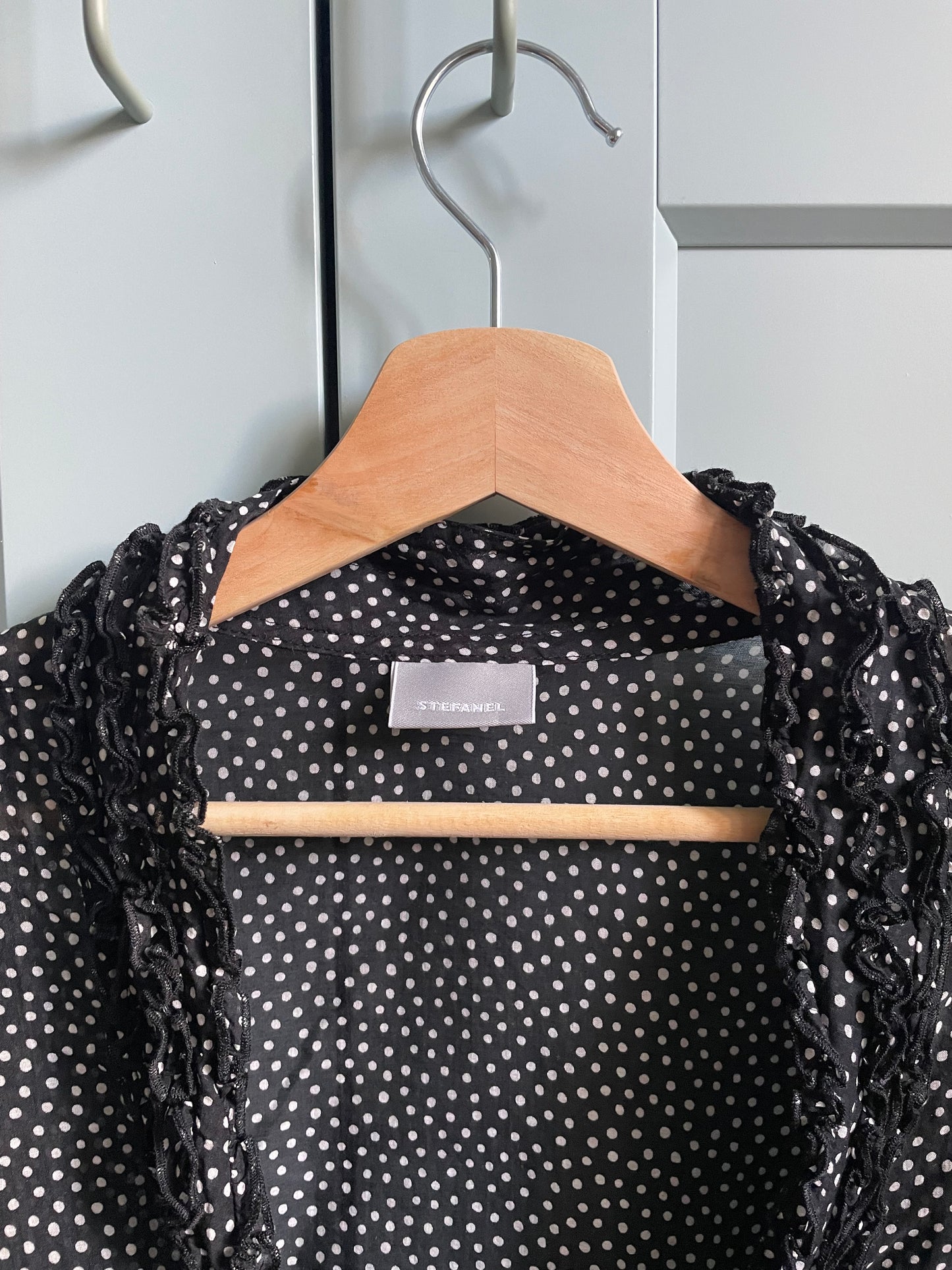 Vintage Designer Stefanel Silk Black Flamenco Dot Print Ruffle Top