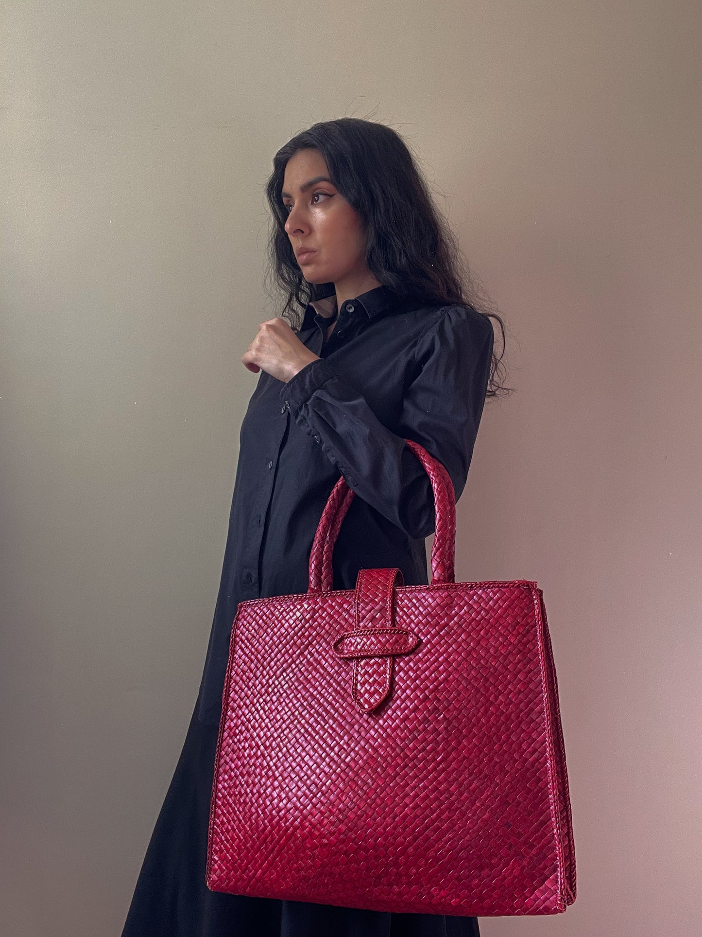 Vintage Red Handwoven Basket Tote Bag
