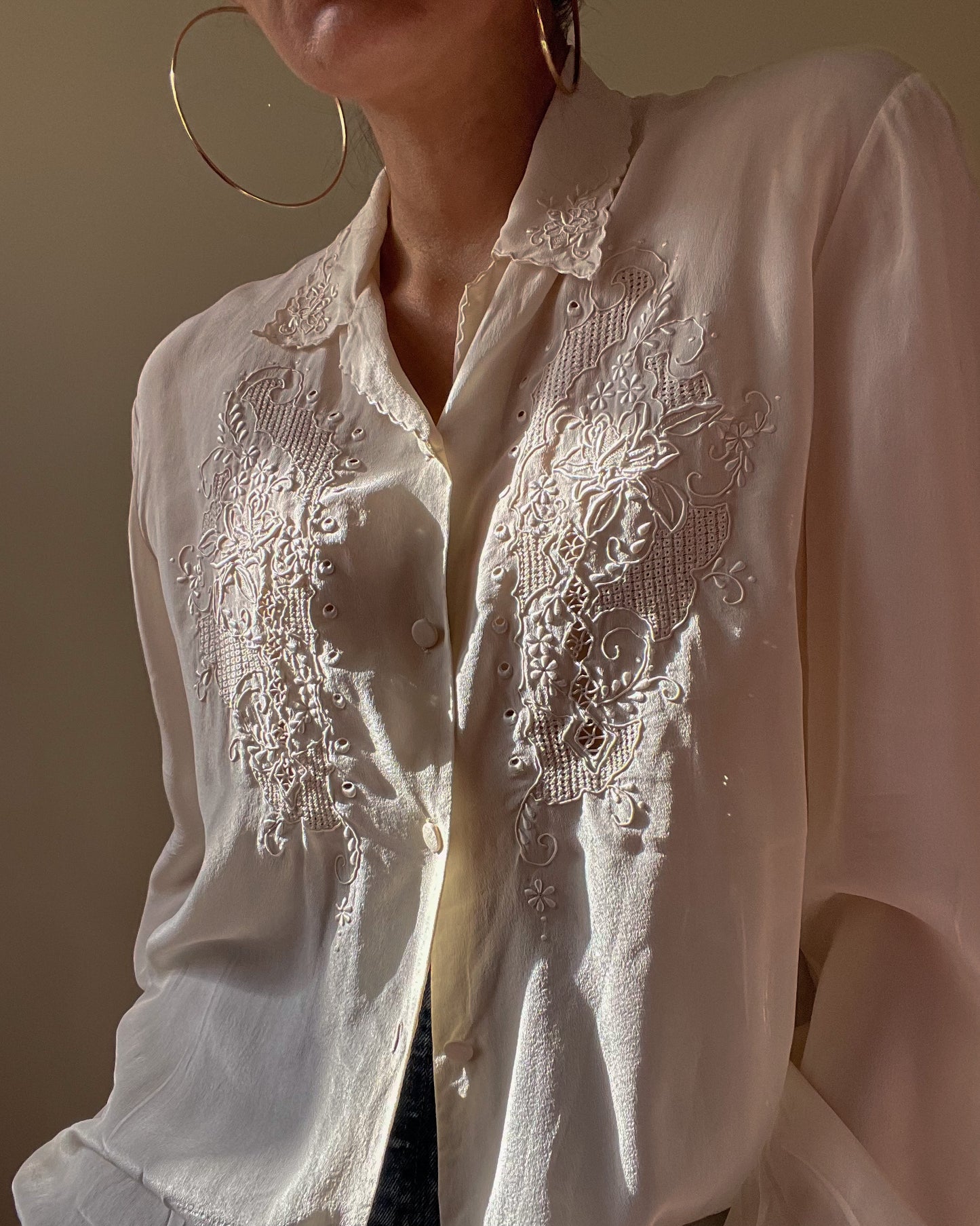 Vintage Cream Silk Collared Blouse With Embroidered Frontal Detail
