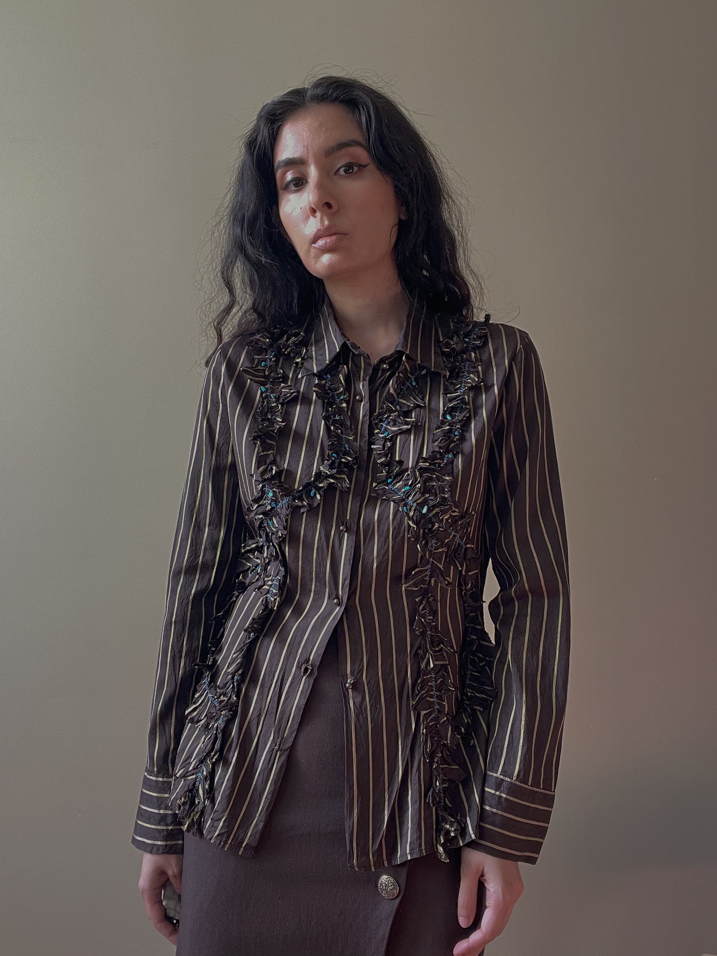 Vintage Designer Class By Roberto Cavalli Brown Stripe Ruffle Top