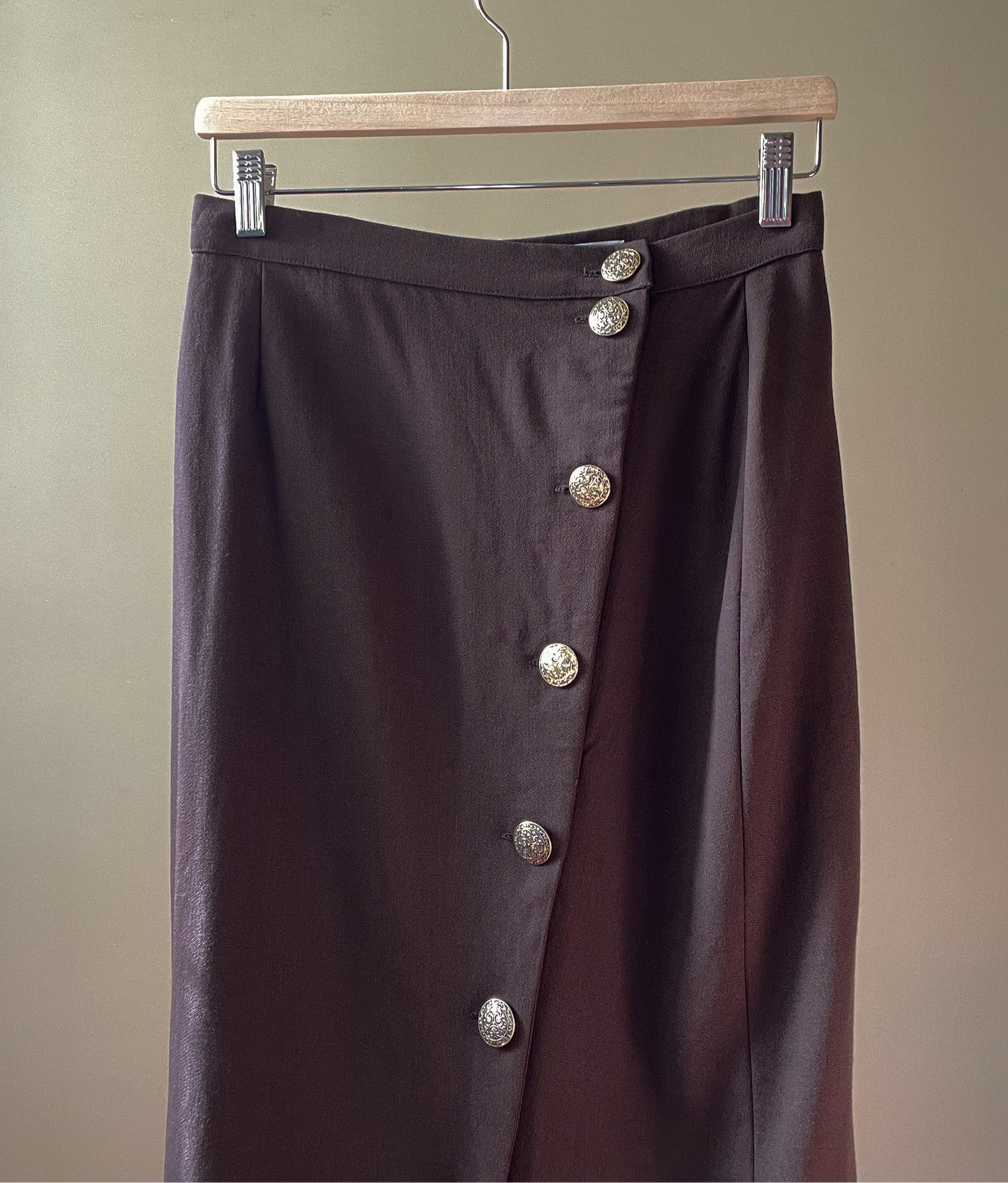 Vintage Chocolate Wool Pencil Skirt With Gold Metal Buttons