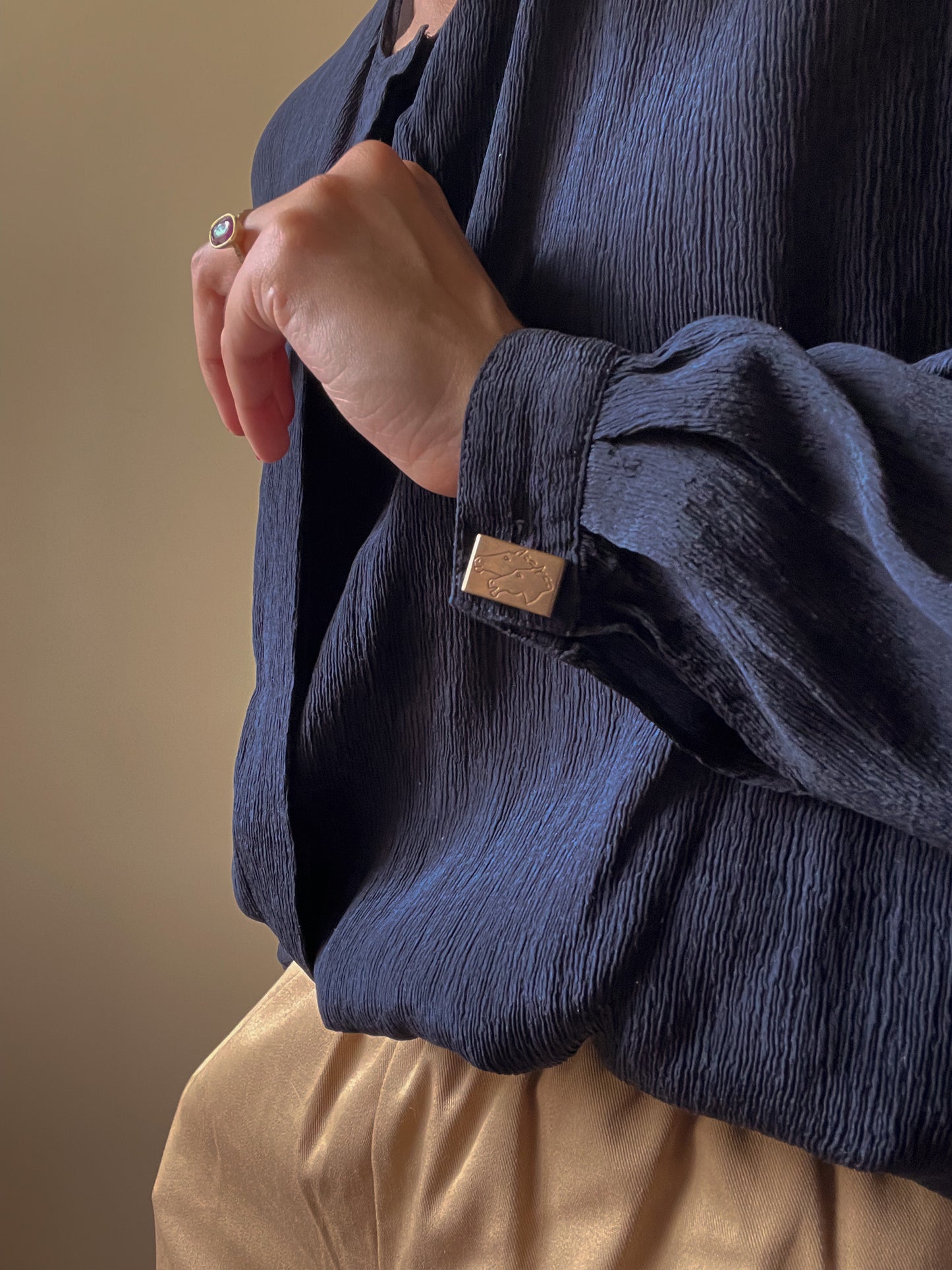 Vintage Designer Giorgio Armani Crinkle Silk Blouse w/ Cufflink Sleeves