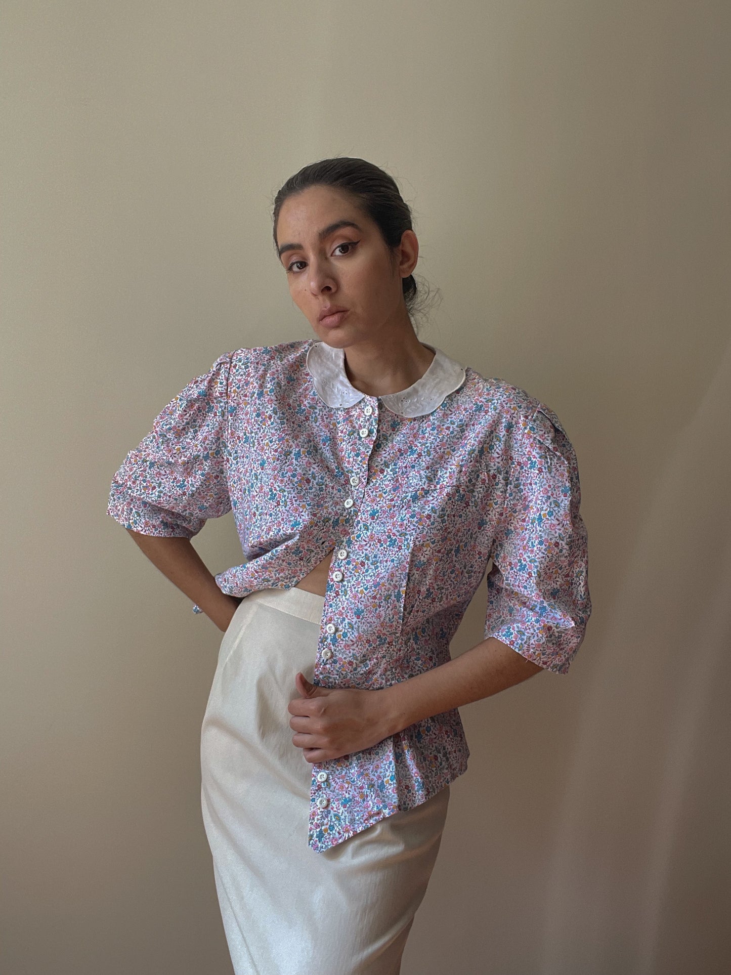 Vintage Floral Puff Sleeve Cotton Blouse