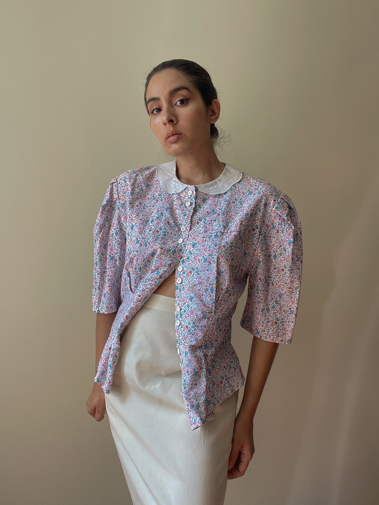 Vintage Floral Puff Sleeve Cotton Blouse