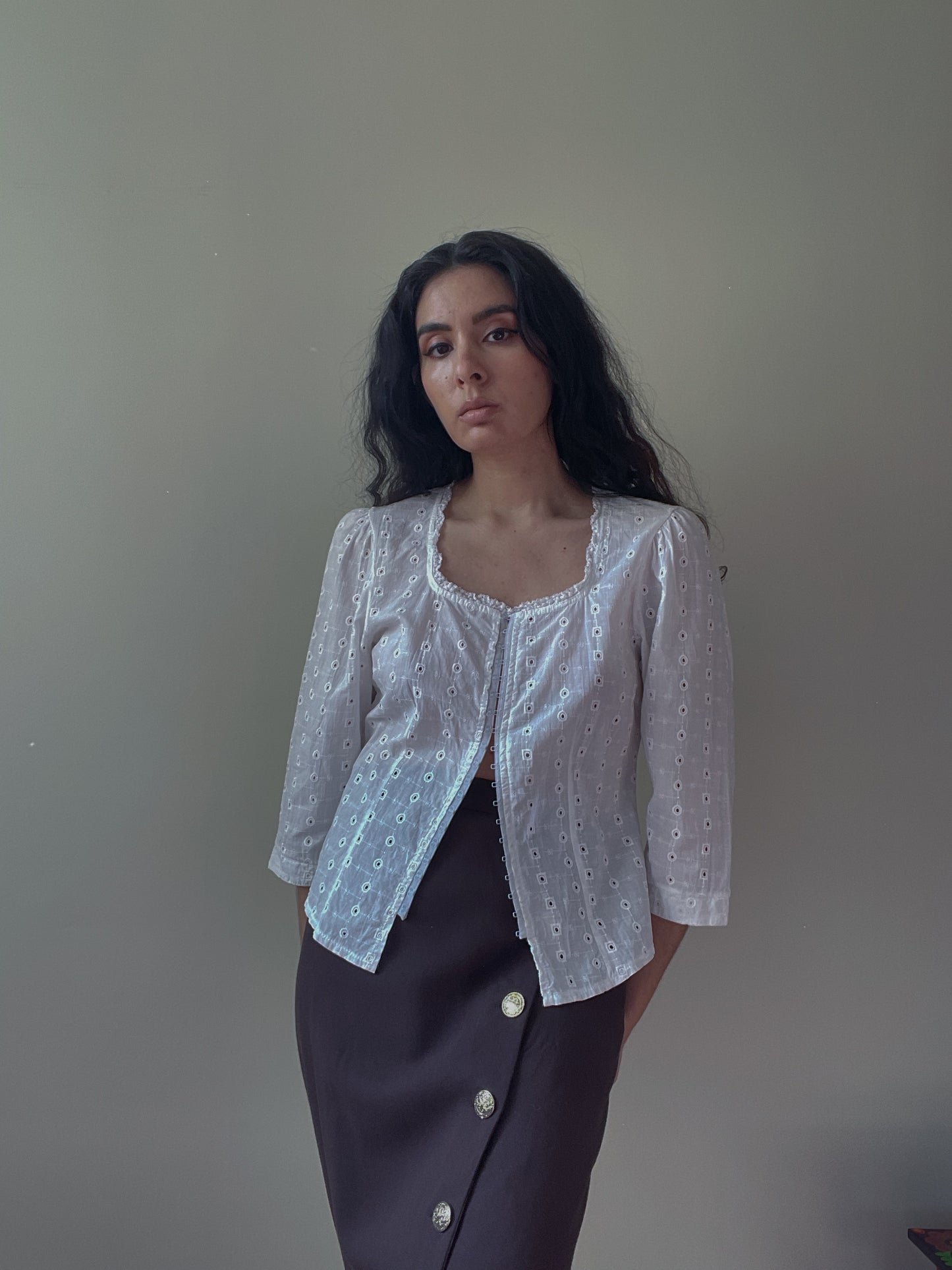 Vintage White Embroidered 3/4 Sleeve Corset Top
