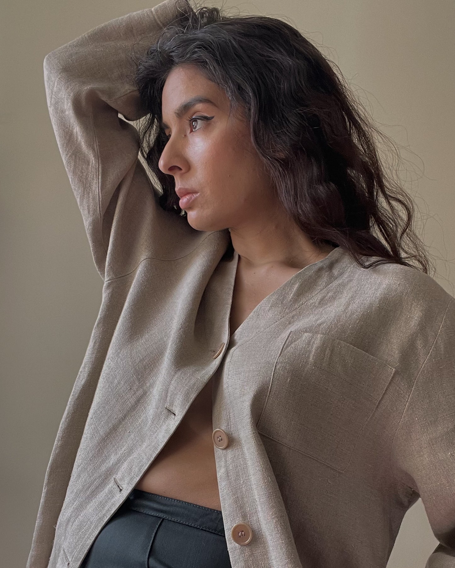 Preloved Oversized Linen Beige Casual Top