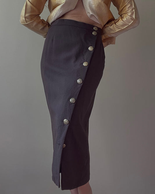 Vintage Chocolate Wool Pencil Skirt With Gold Metal Buttons