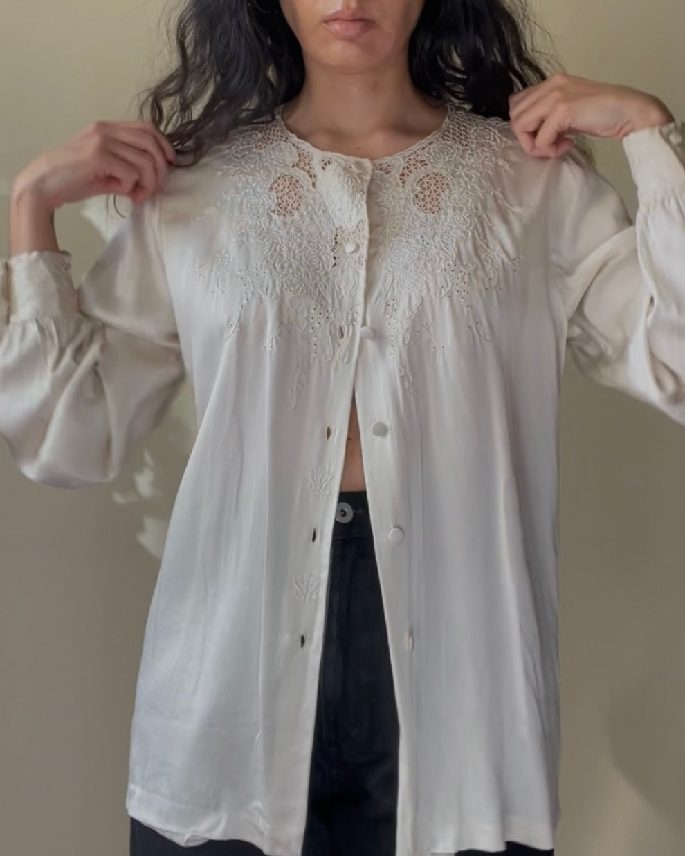 Vintage Cream Satin Silk Embroidered Collarless Top