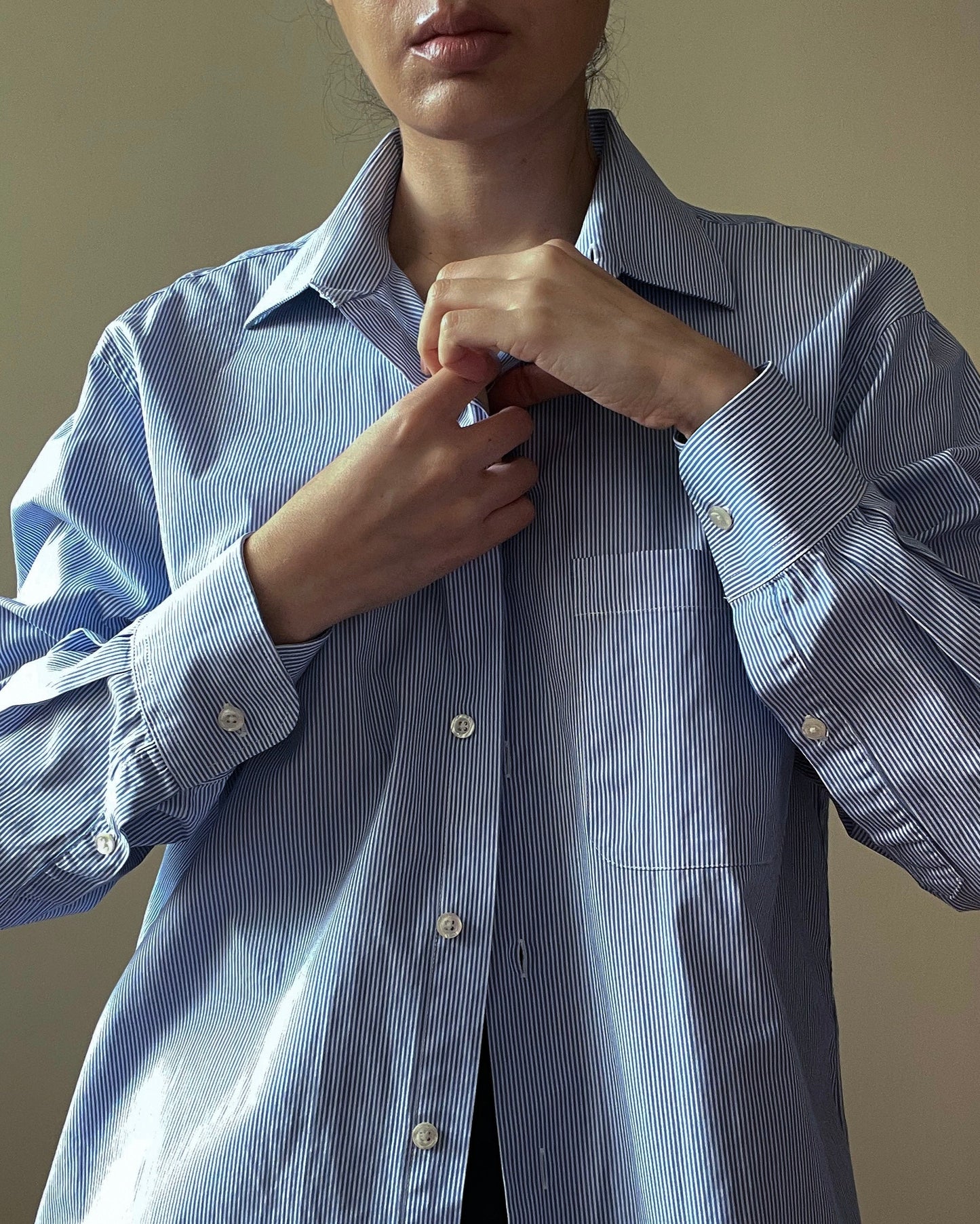 Vintage Brand Barneys New York Blue Cotton Raw Crop Hem Shirt