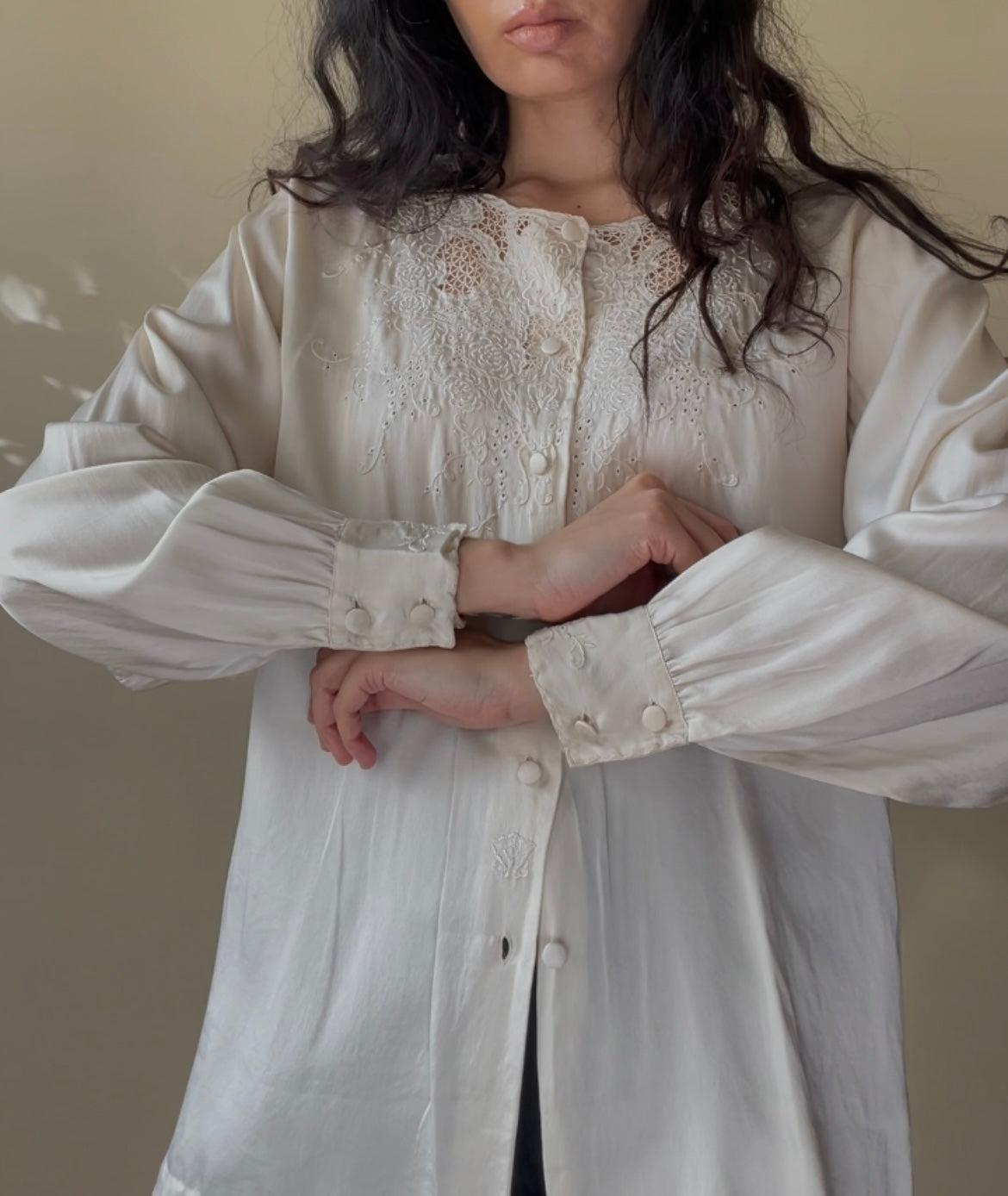 Vintage Cream Satin Silk Embroidered Collarless Top