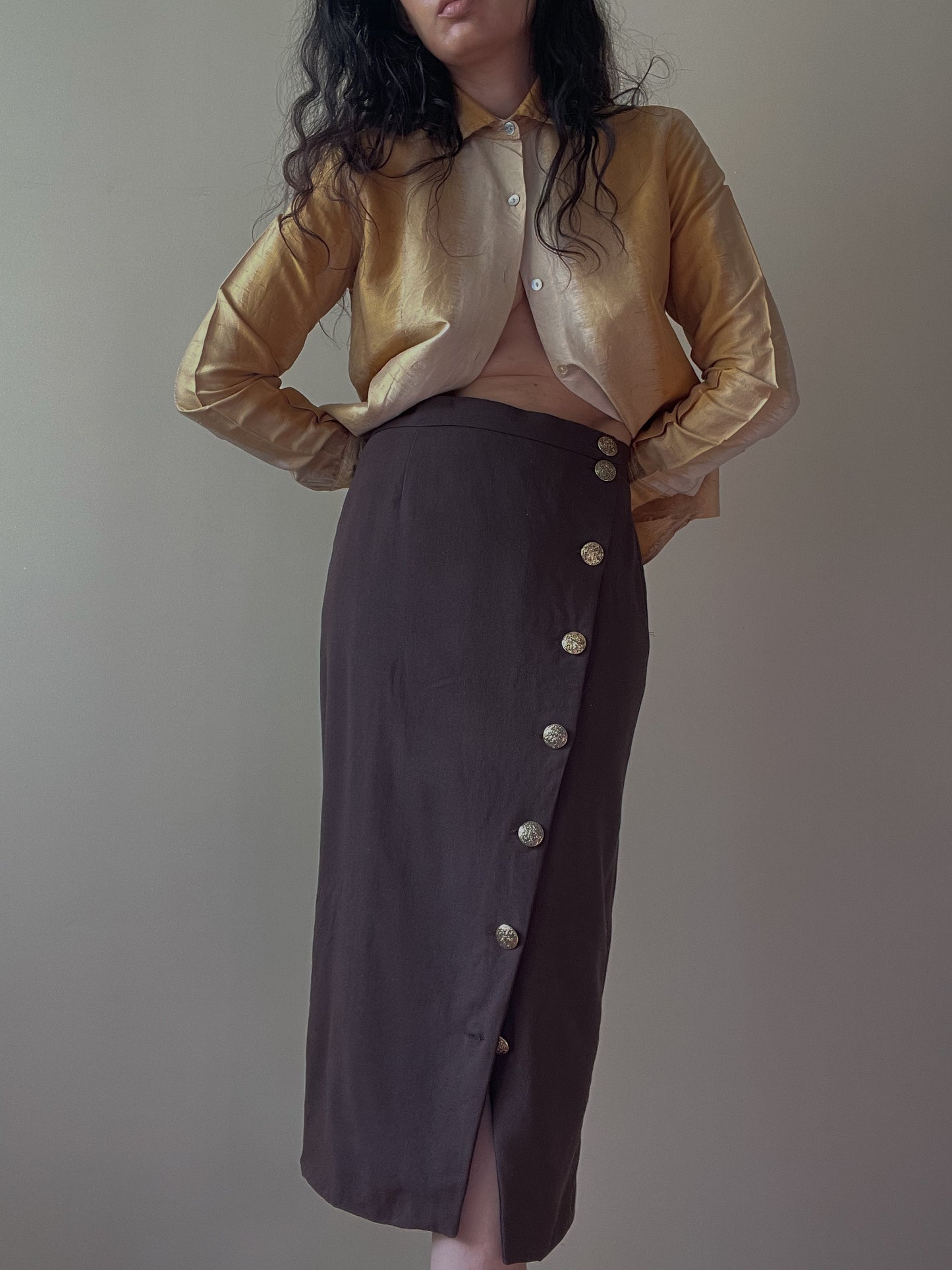 Vintage Chocolate Wool Pencil Skirt With Gold Metal Buttons